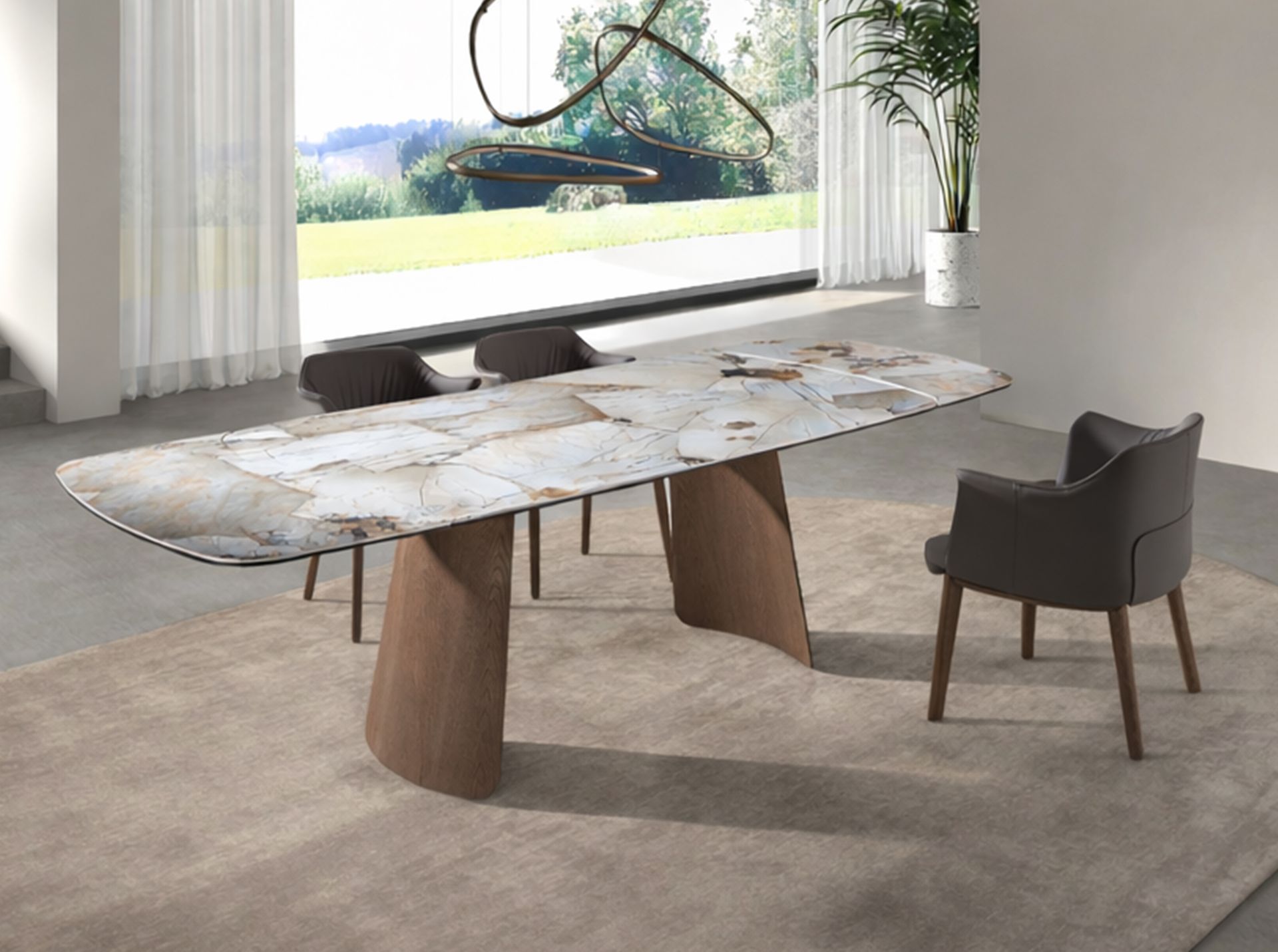 Oval barrel-shaped extendable dining table with porcelain marble and walnut