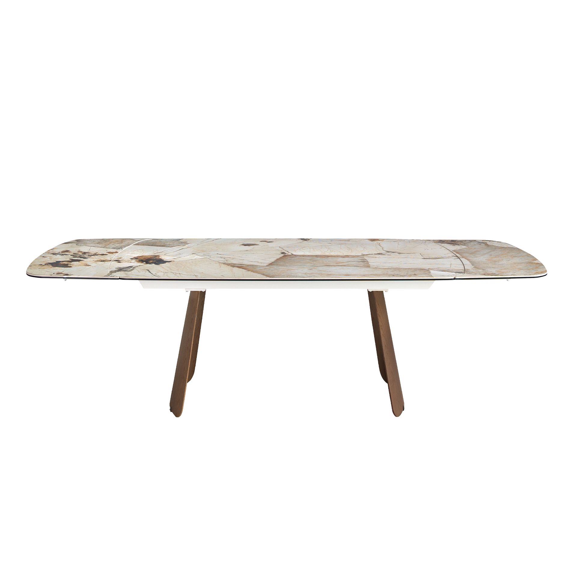 Oval barrel-shaped extendable dining table with porcelain marble and walnut