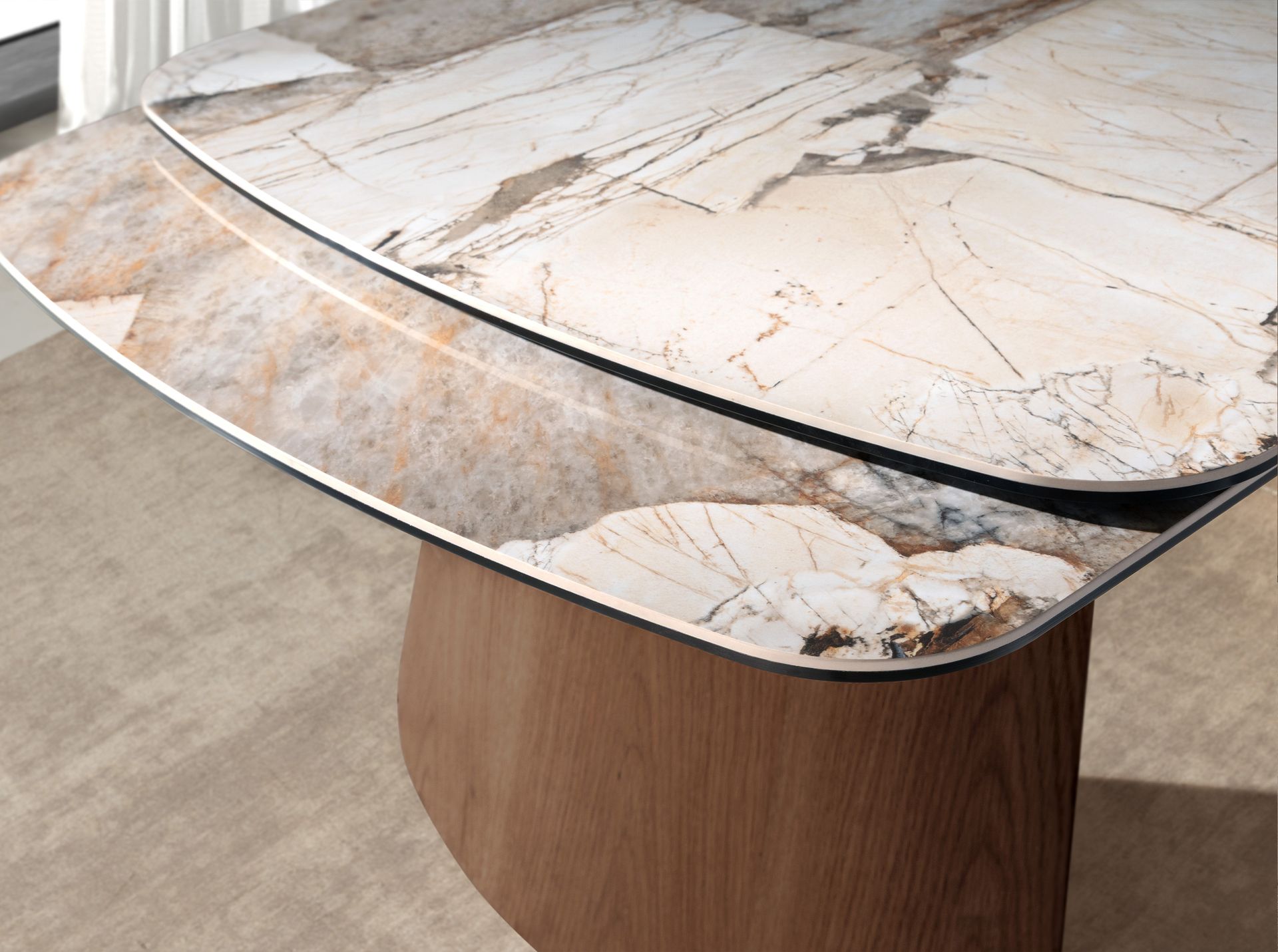 Oval barrel-shaped extendable dining table with porcelain marble and walnut