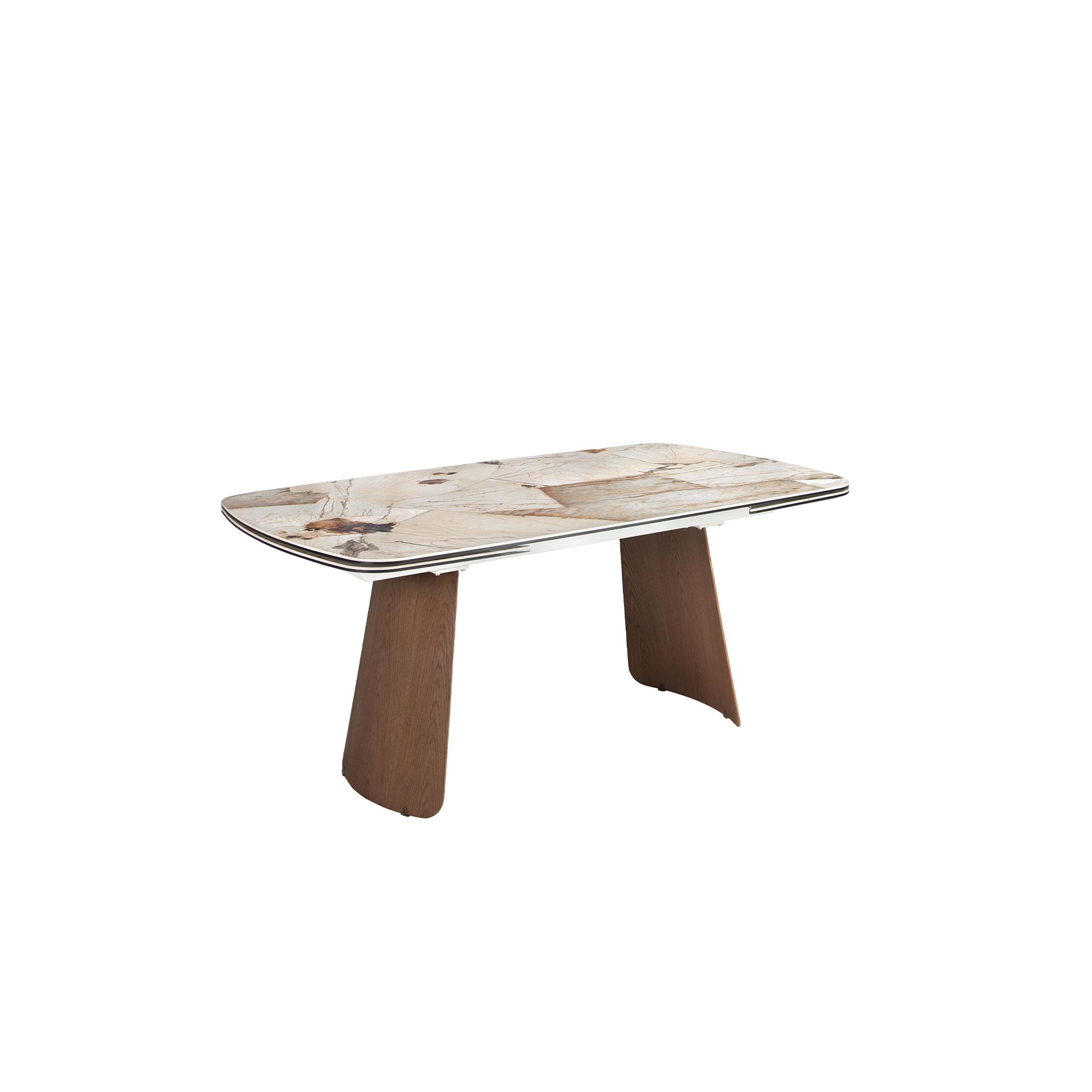 Oval barrel-shaped extendable dining table with porcelain marble and walnut
