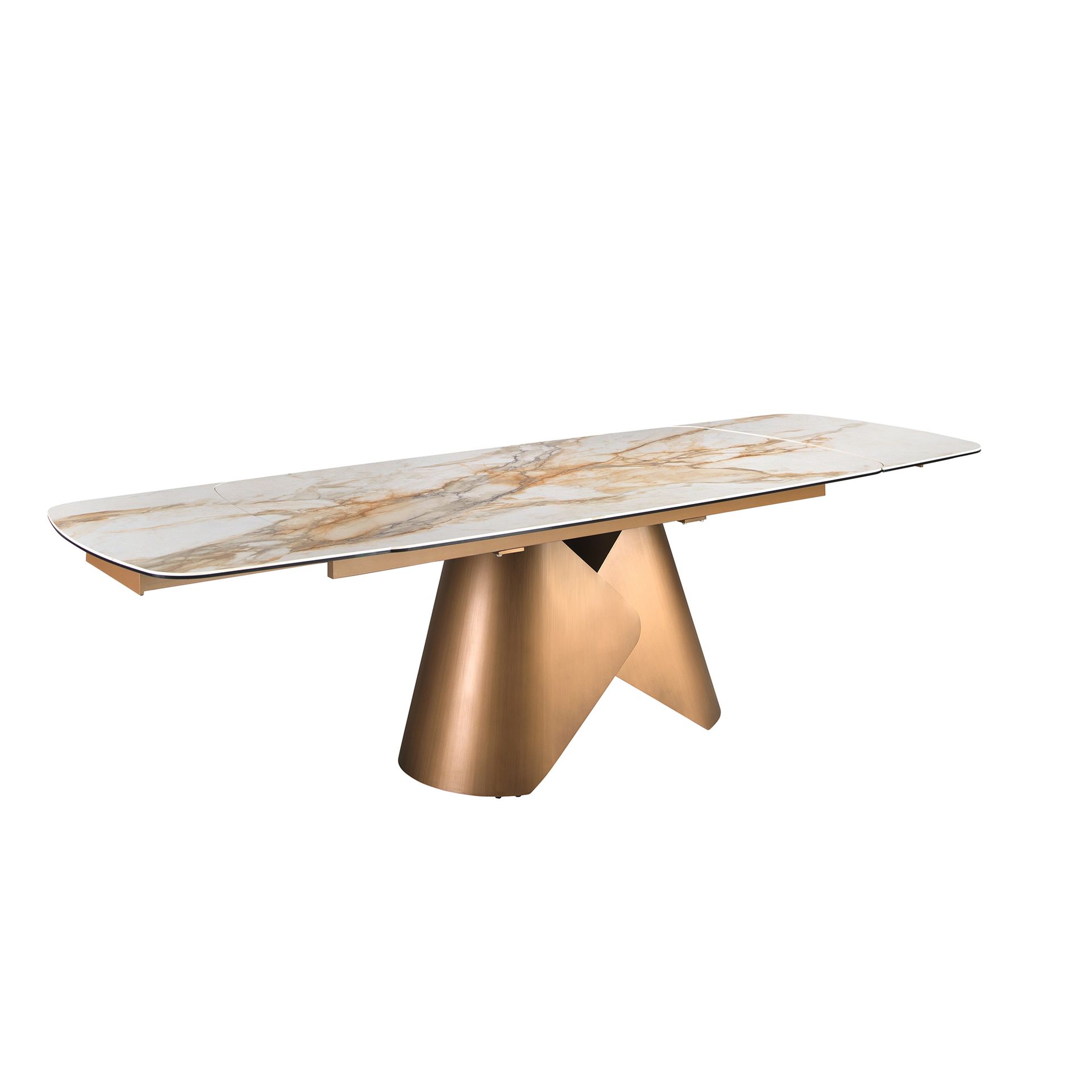 Oval barrel-shaped extendable dining table with porcelain marble top and bronze-coloured steel structure