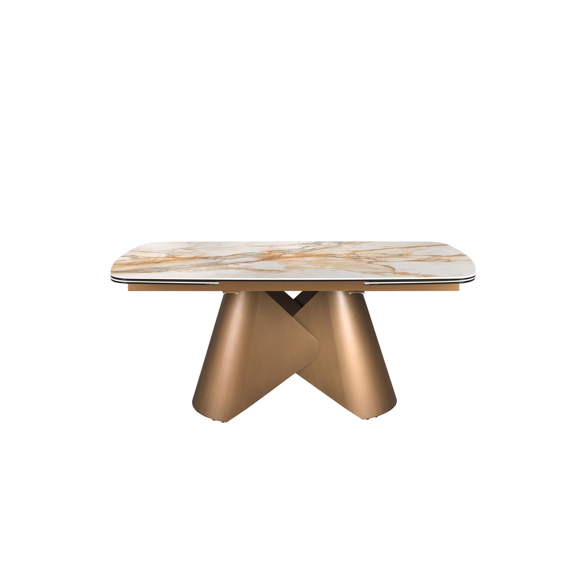 Oval barrel-shaped extendable dining table with porcelain marble top and bronze-coloured steel structure