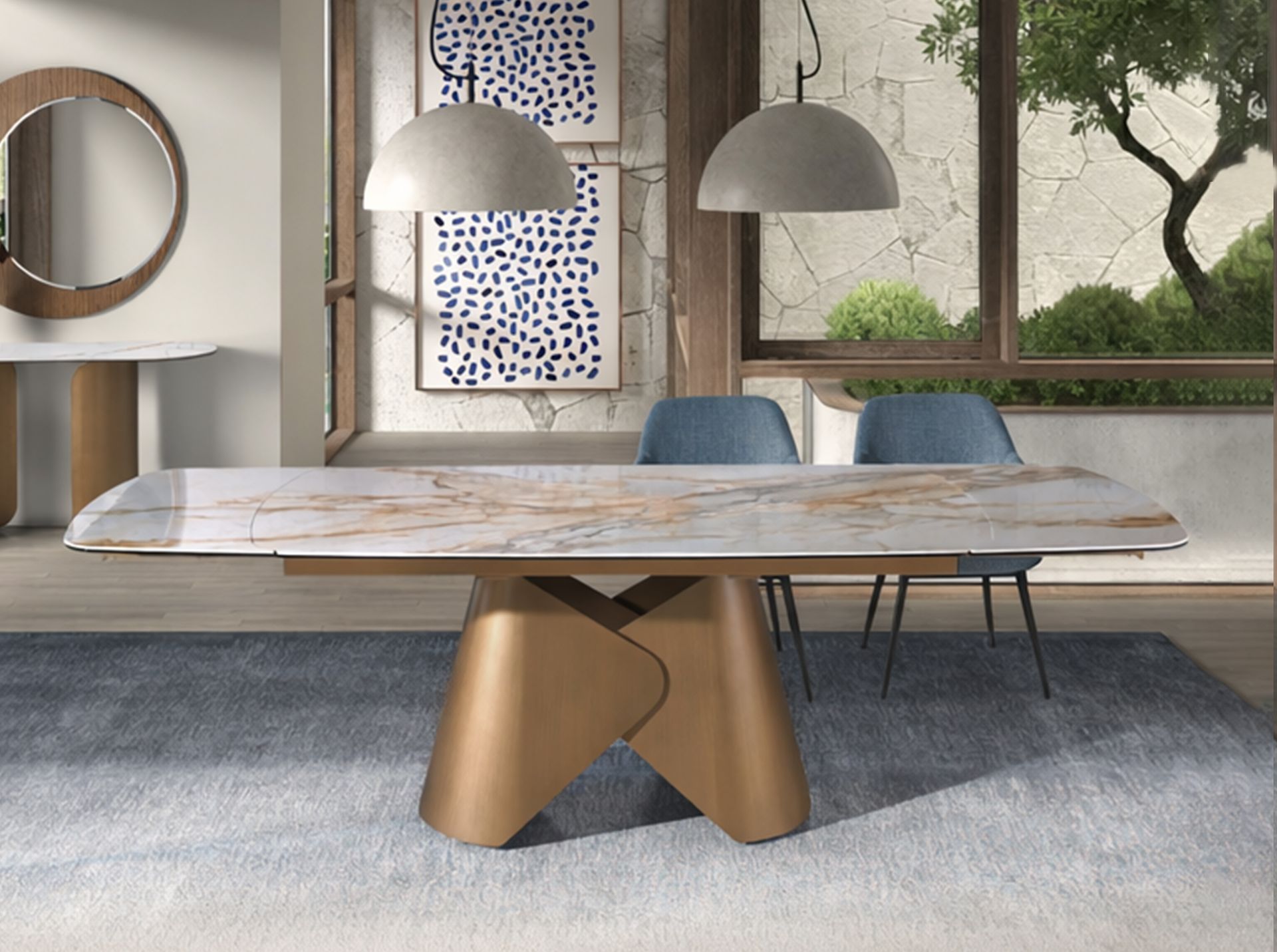 Oval barrel-shaped extendable dining table with porcelain marble top and bronze-coloured steel structure