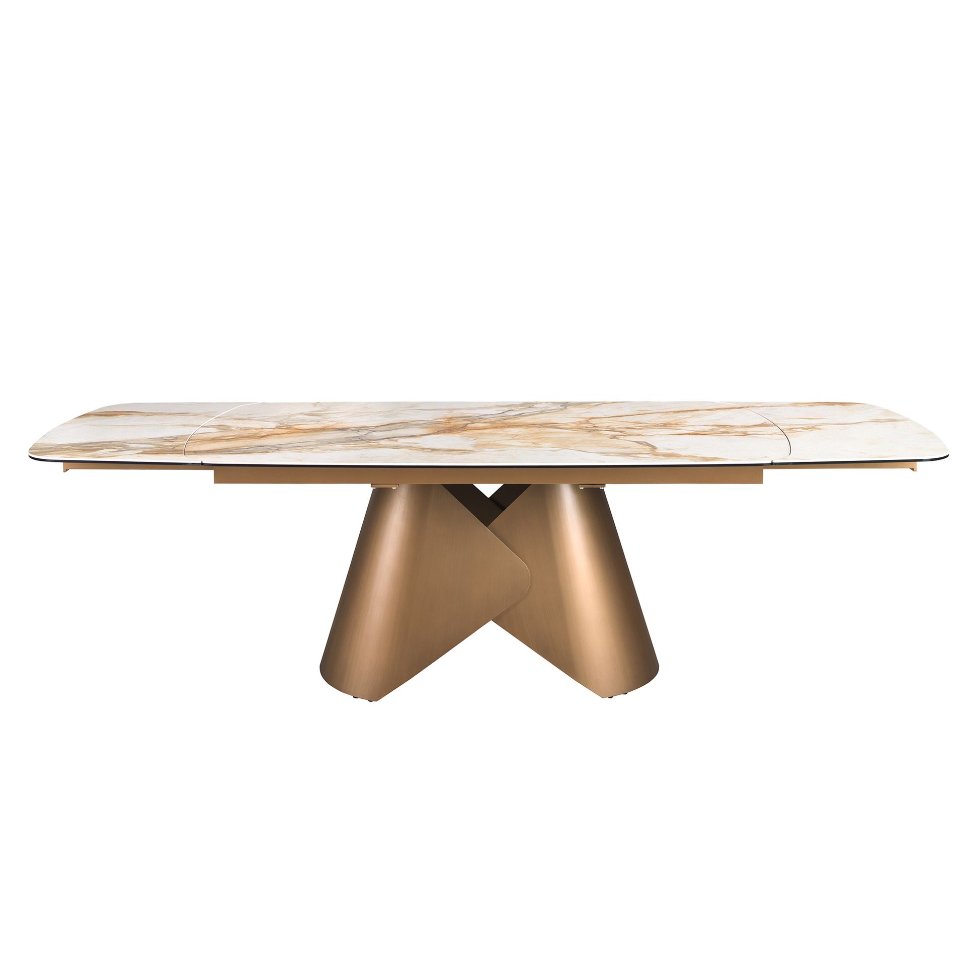 Oval barrel-shaped extendable dining table with porcelain marble top and bronze-coloured steel structure