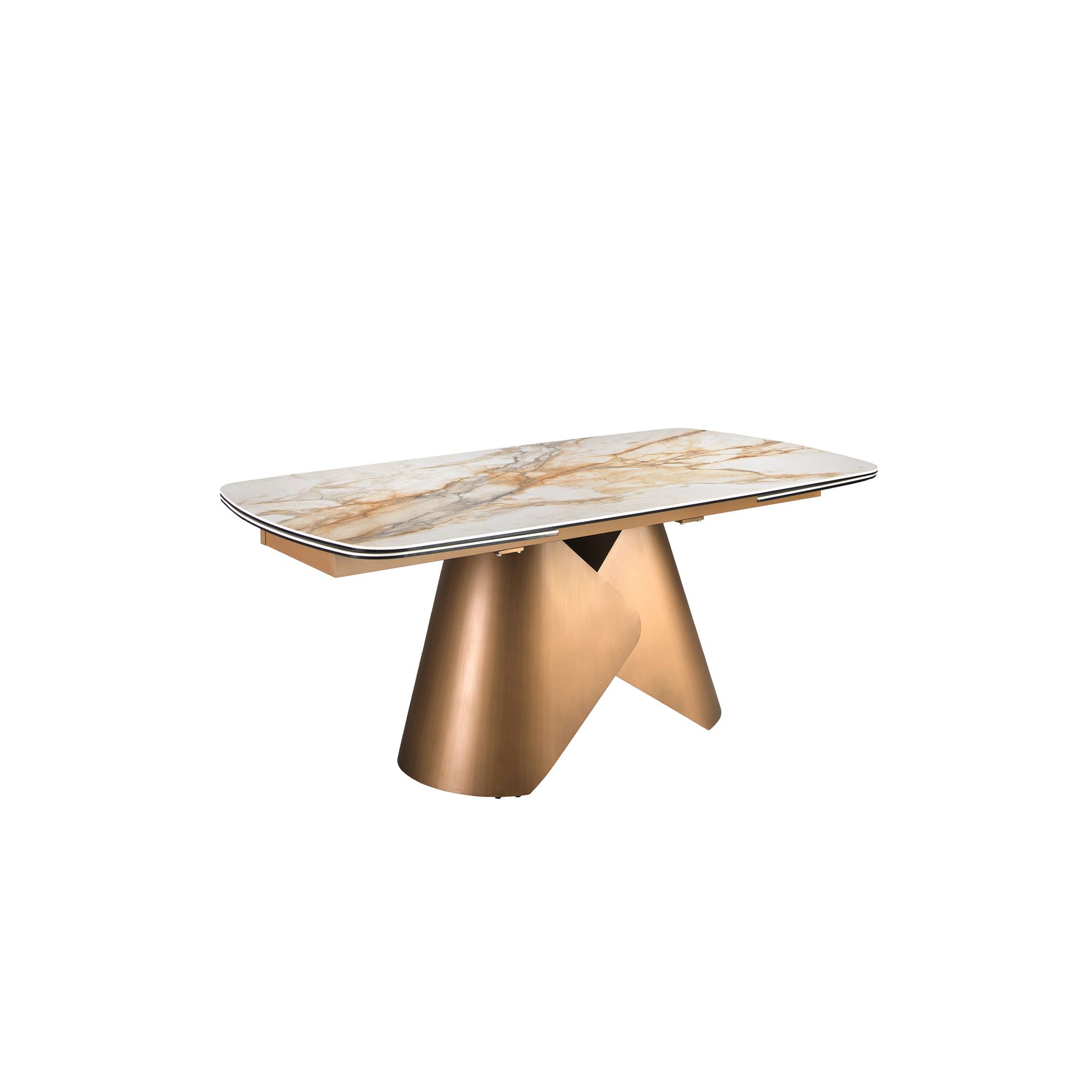 Oval barrel-shaped extendable dining table with porcelain marble top and bronze-coloured steel structure