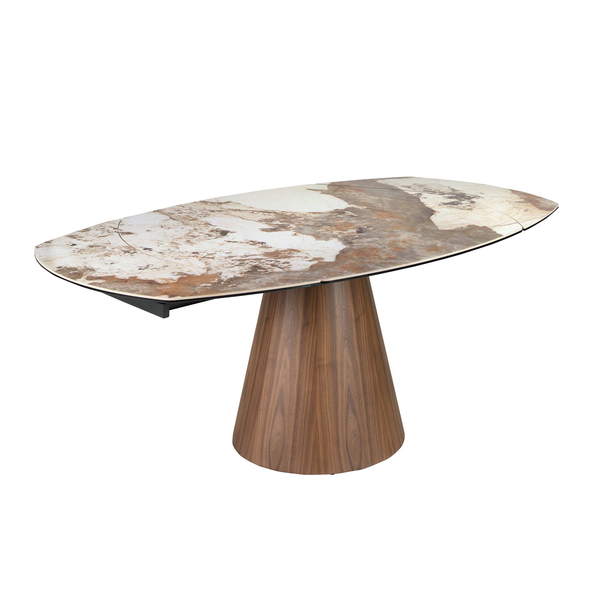Oval barrel-shaped extendable dining table with porcelain marble top and walnut wood