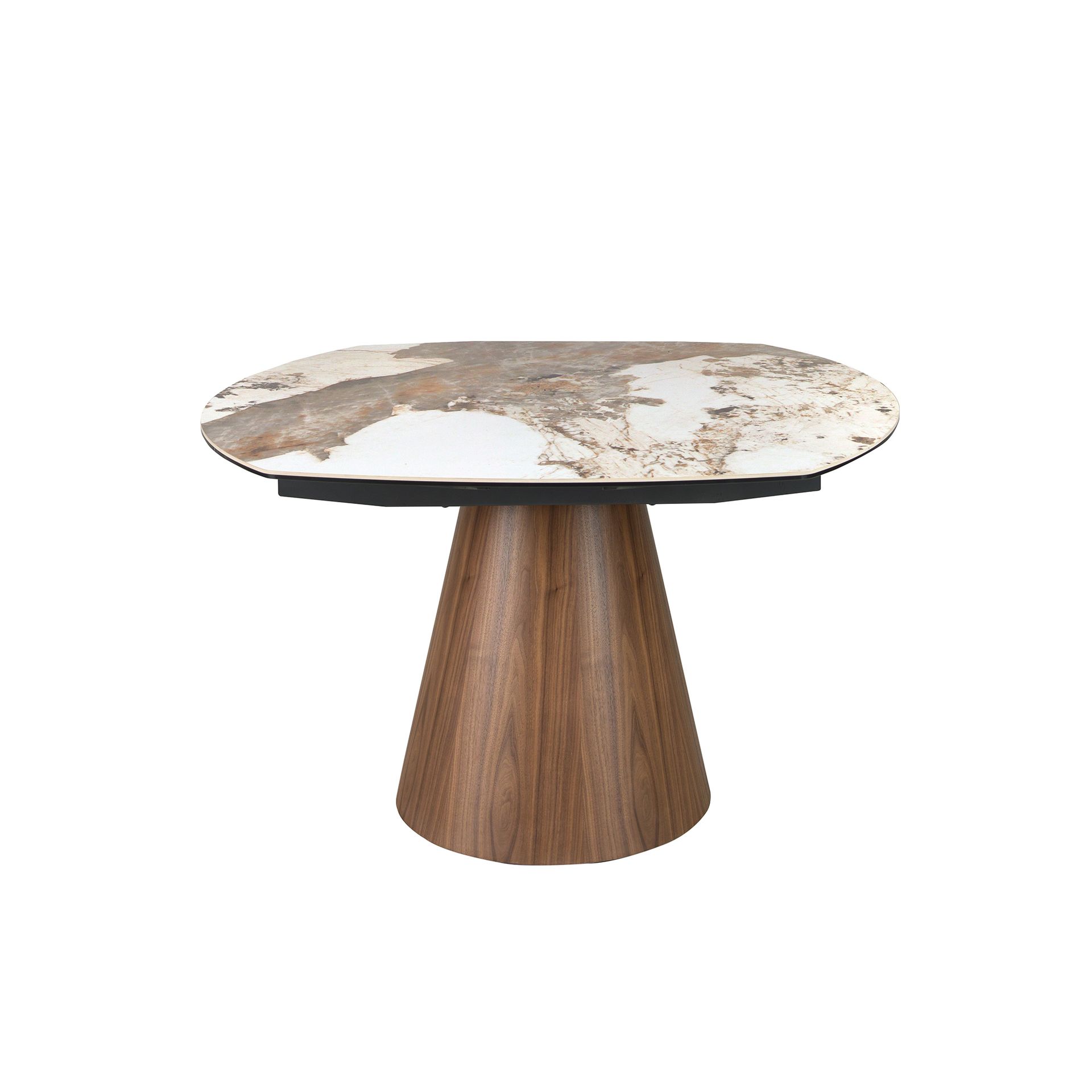 Oval barrel-shaped extendable dining table with porcelain marble top and walnut wood