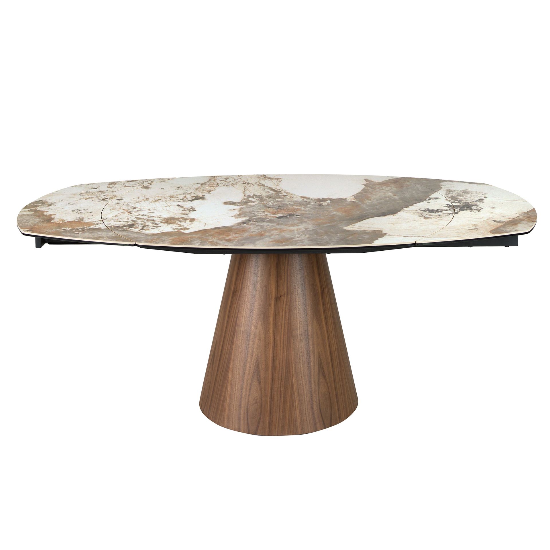 Oval barrel-shaped extendable dining table with porcelain marble top and walnut wood