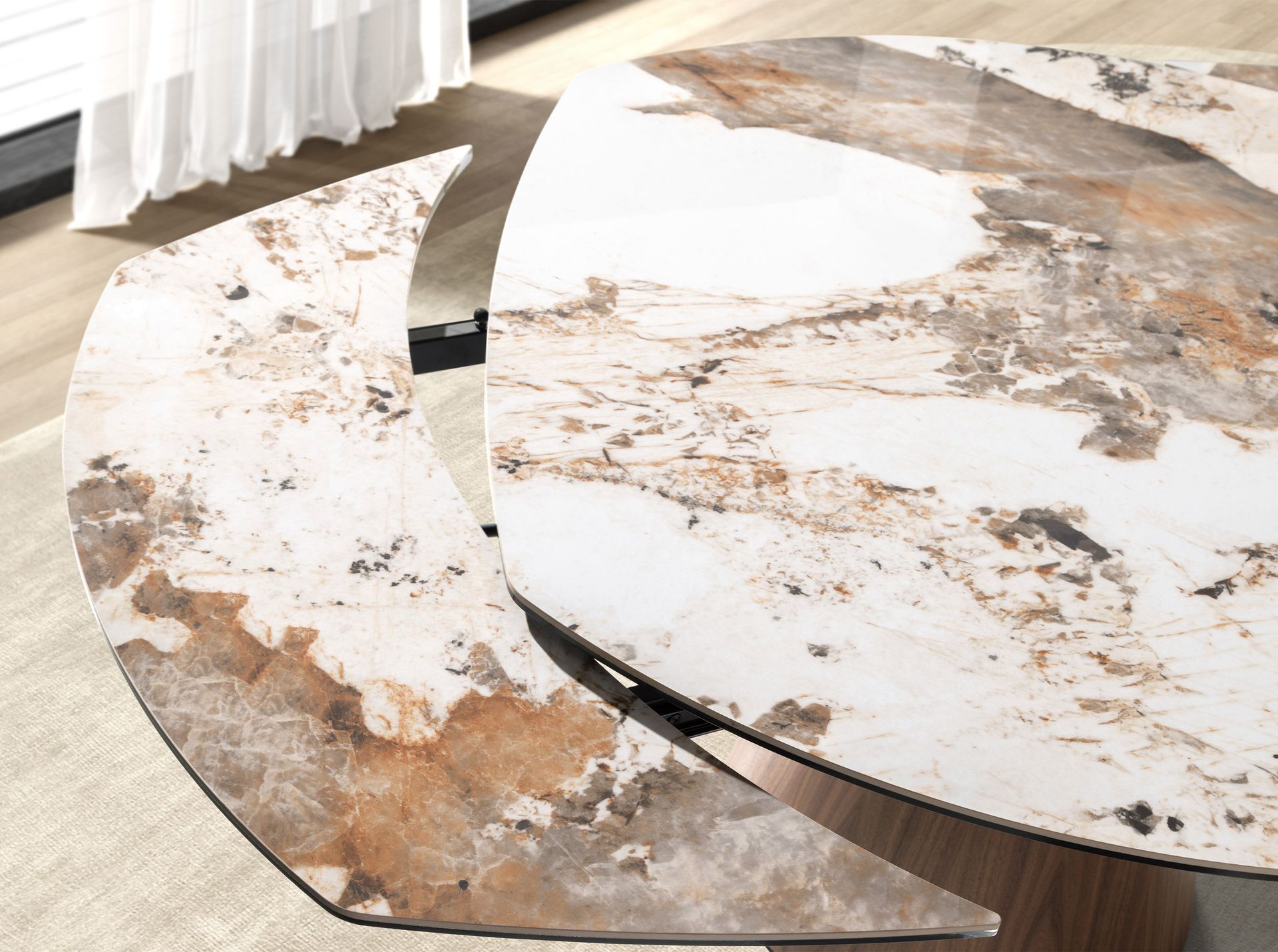 Oval barrel-shaped extendable dining table with porcelain marble top and walnut wood