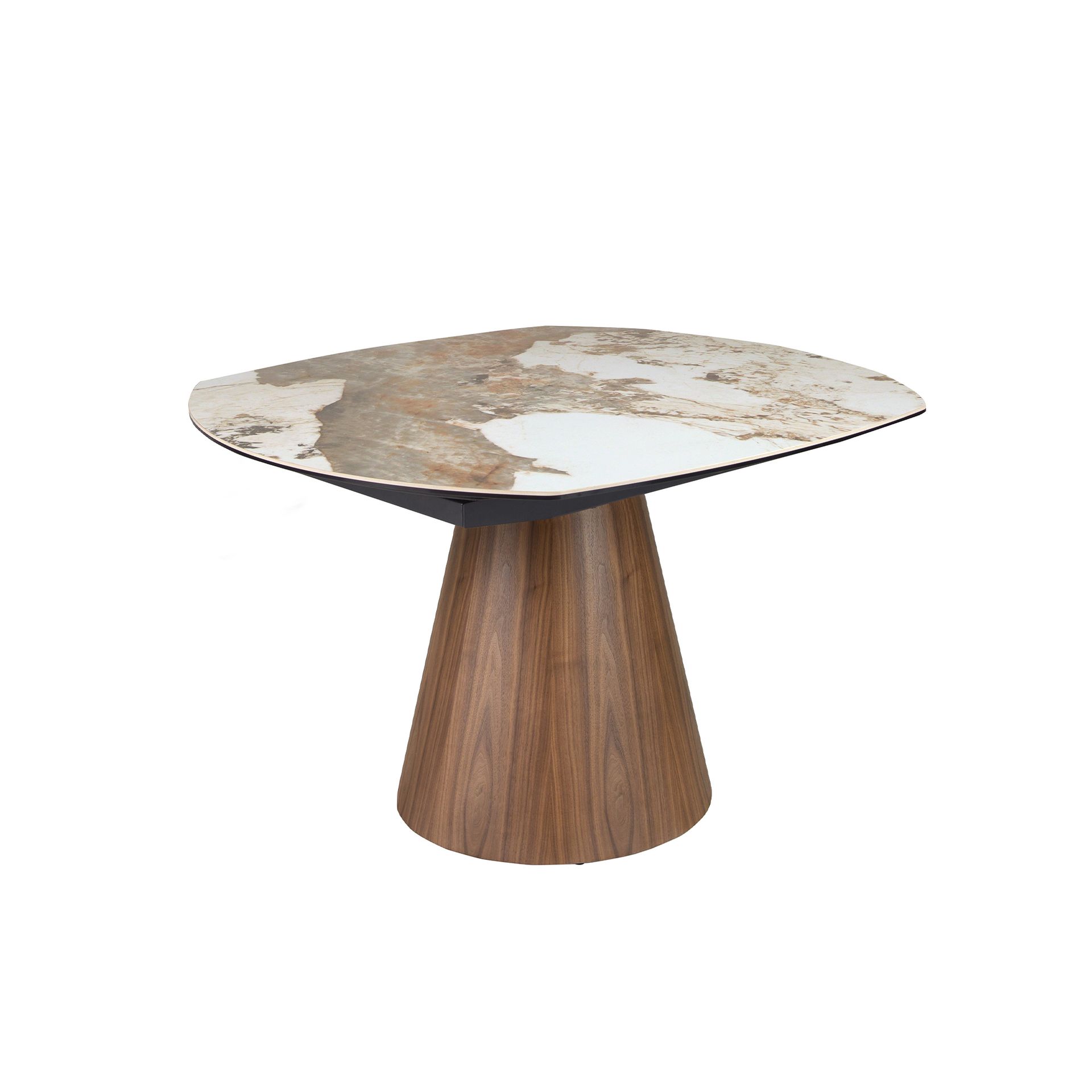 Oval barrel-shaped extendable dining table with porcelain marble top and walnut wood