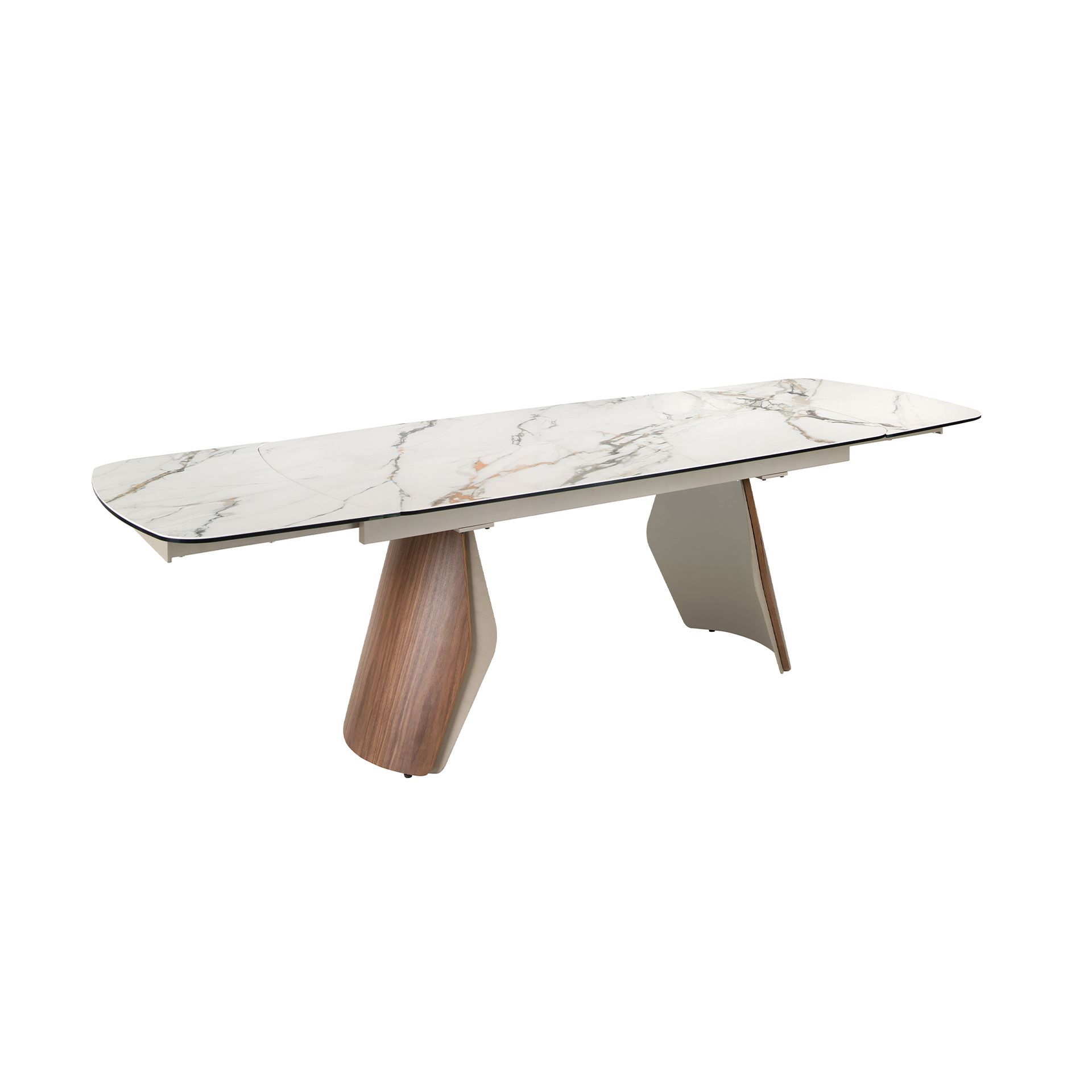 Oval barrel-shaped extendable dining table with porcelain marble top, metallic sand-coloured steel and walnut wood