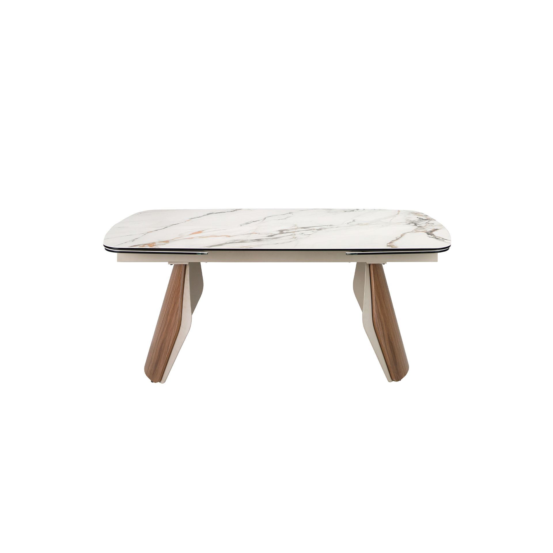 Oval barrel-shaped extendable dining table with porcelain marble top, metallic sand-coloured steel and walnut wood