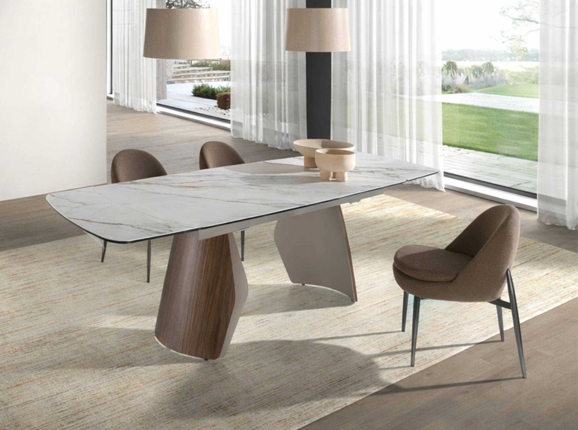Oval barrel-shaped extendable dining table with porcelain marble top, metallic sand-coloured steel and walnut wood