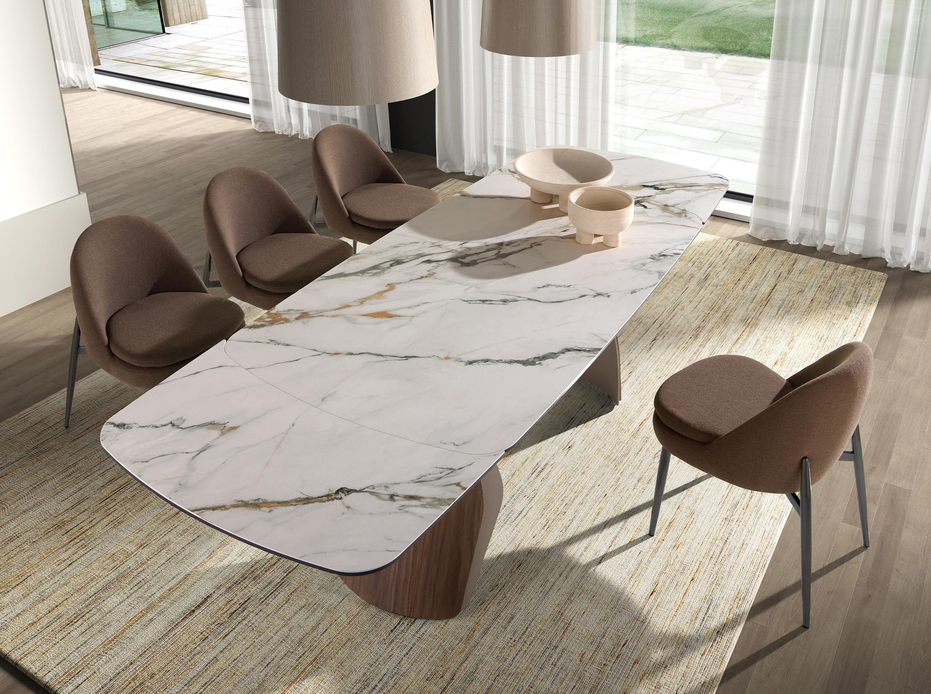 Oval barrel-shaped extendable dining table with porcelain marble top, metallic sand-coloured steel and walnut wood