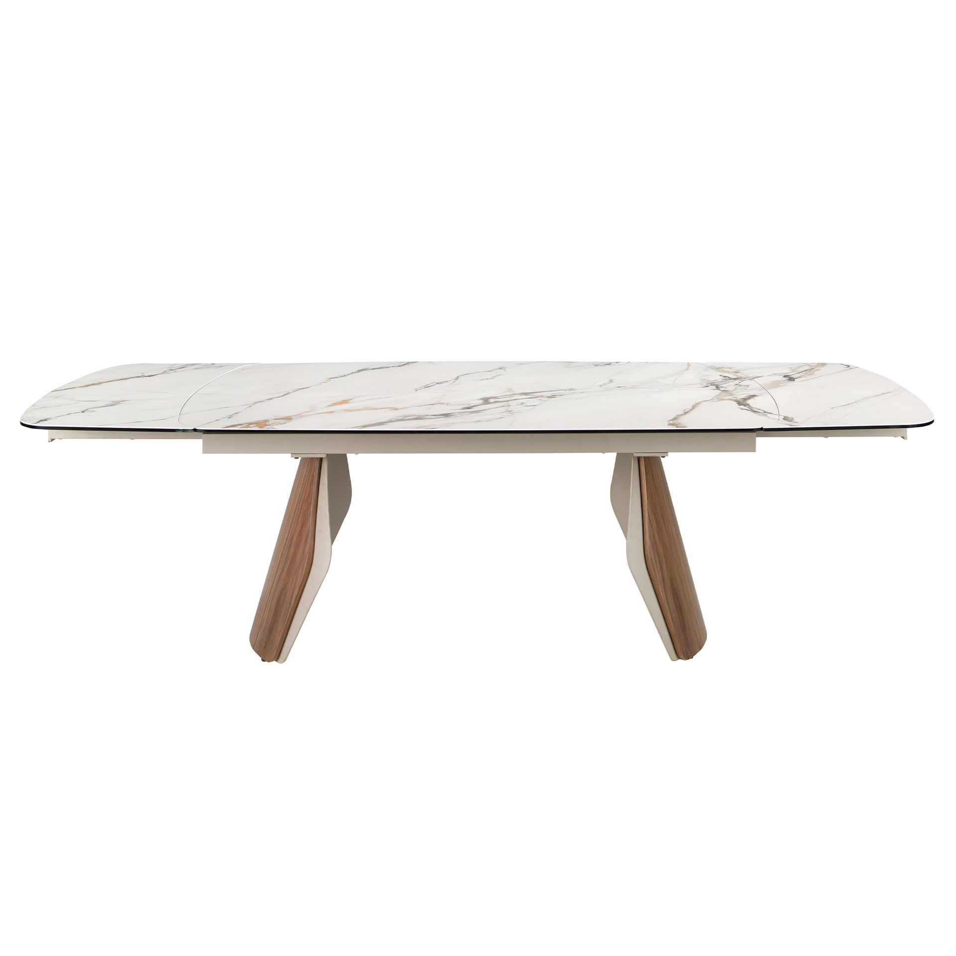 Oval barrel-shaped extendable dining table with porcelain marble top, metallic sand-coloured steel and walnut wood