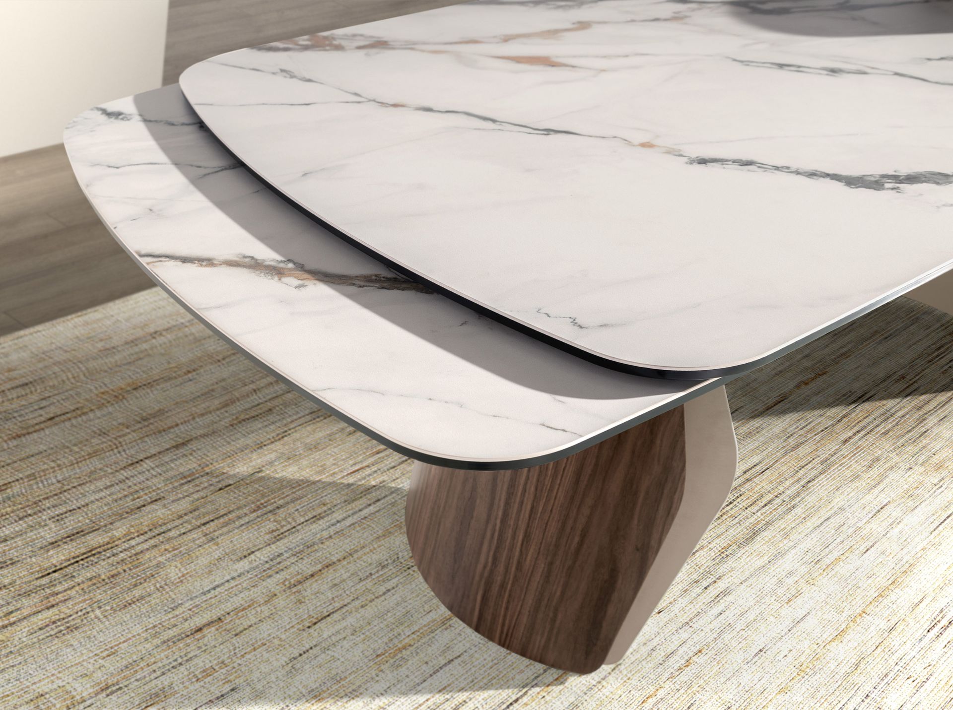 Oval barrel-shaped extendable dining table with porcelain marble top, metallic sand-coloured steel and walnut wood