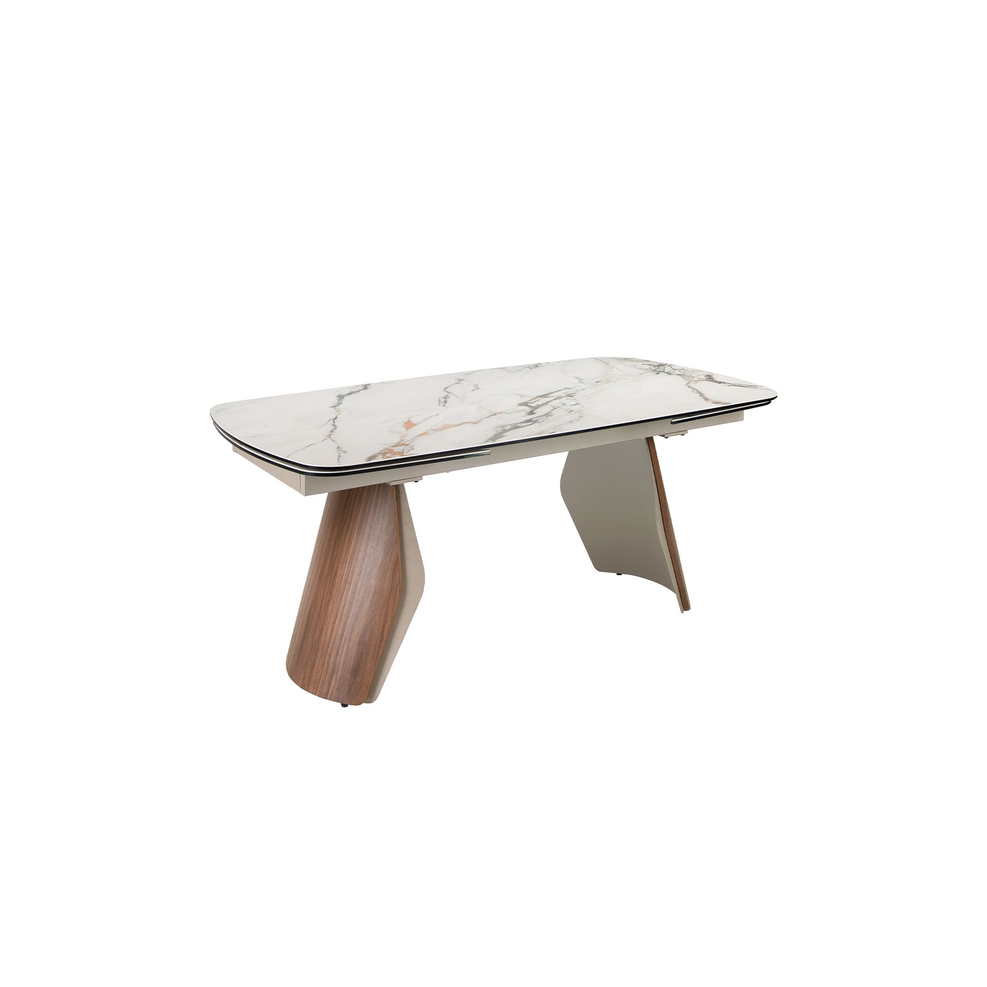 Oval barrel-shaped extendable dining table with porcelain marble top, metallic sand-coloured steel and walnut wood