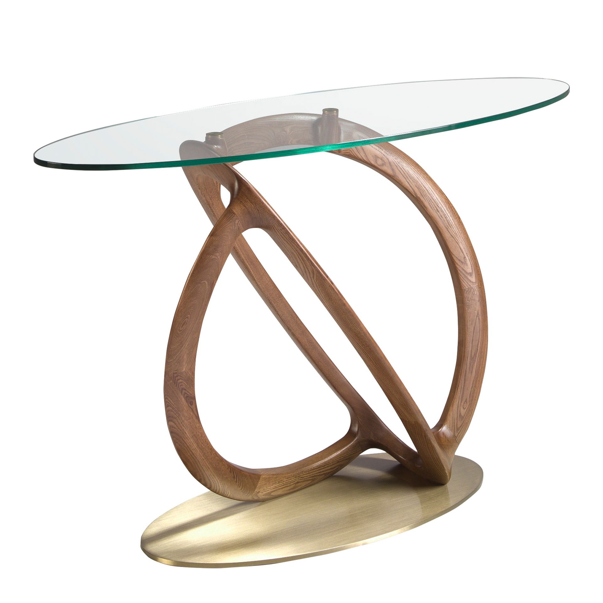 Oval console oval tempered glass, walnut and golden polished steel