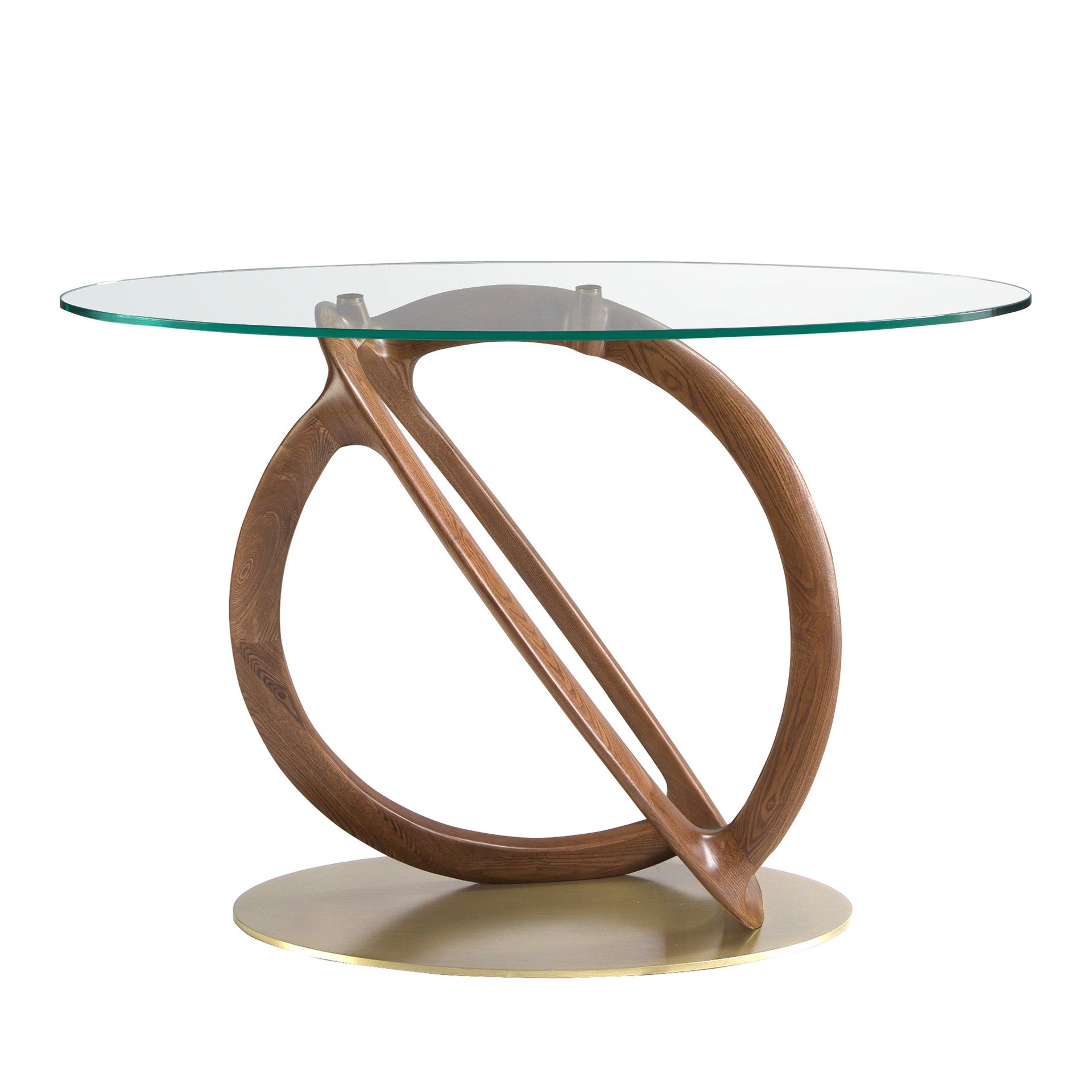 Oval console oval tempered glass, walnut and golden polished steel
