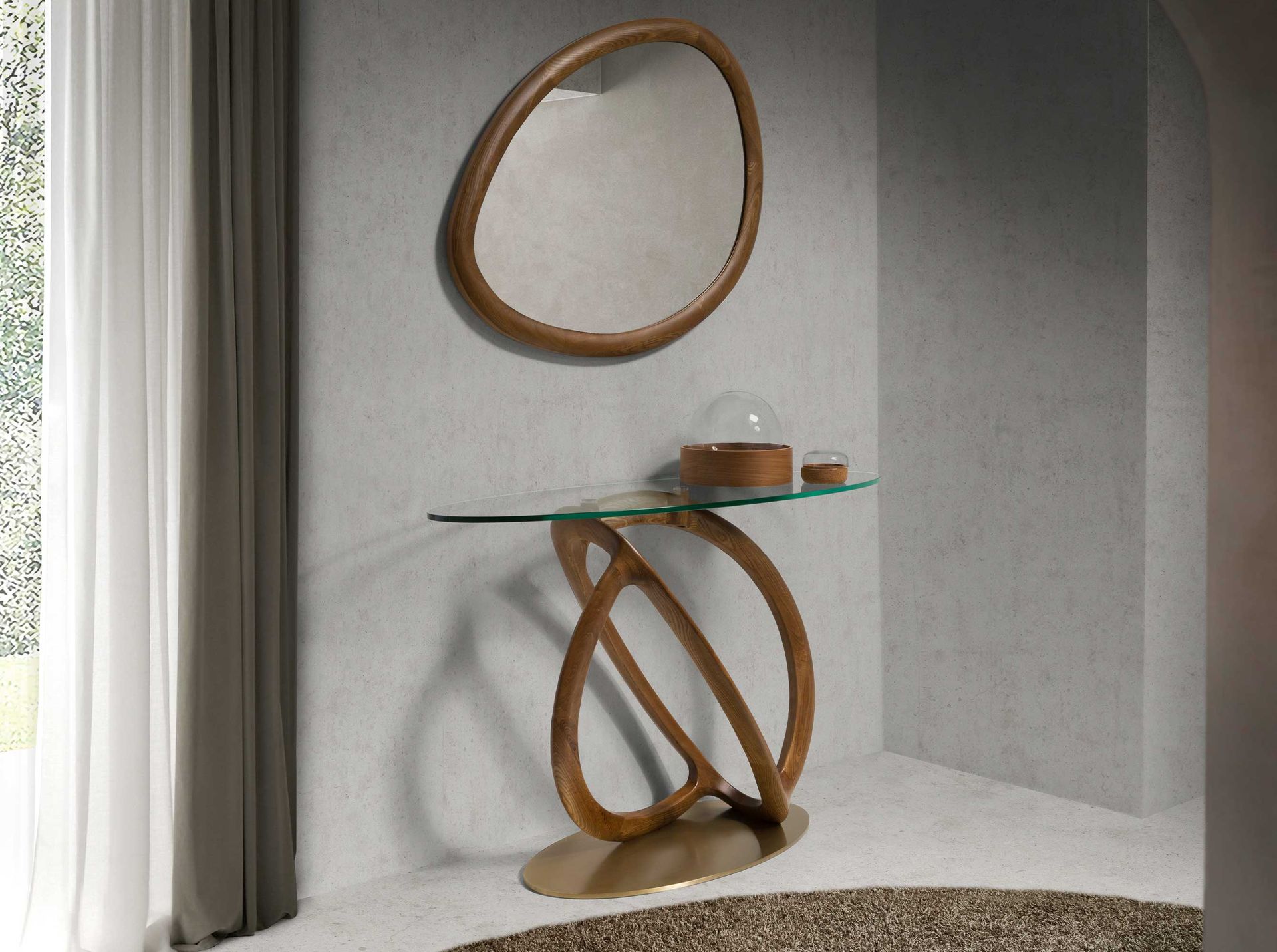 Oval console oval tempered glass, walnut and golden polished steel