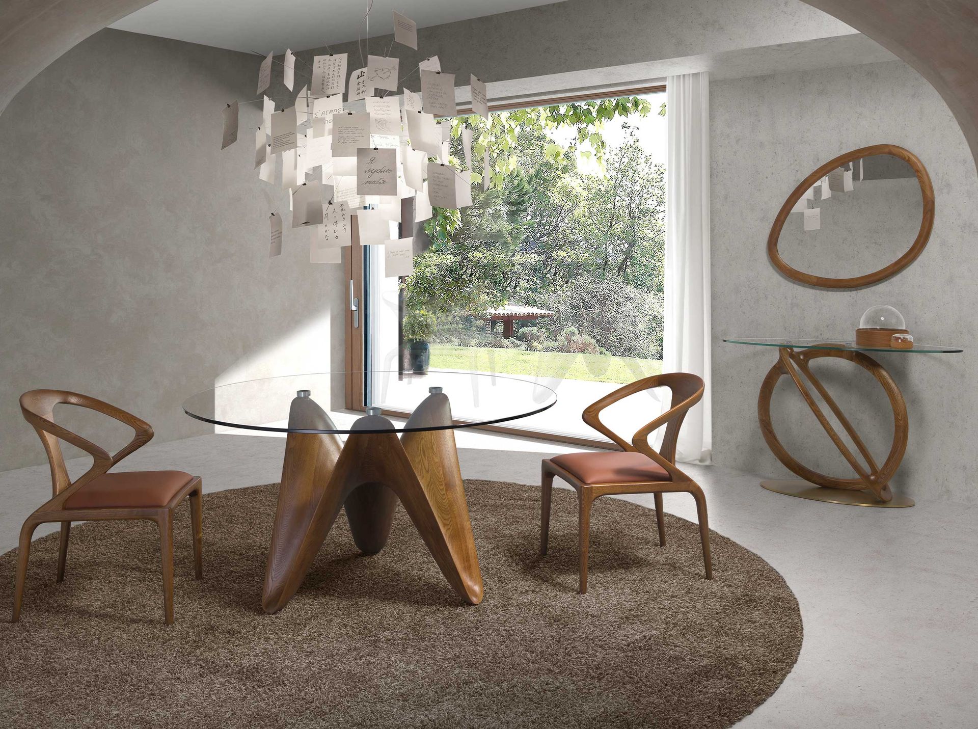 Oval console oval tempered glass, walnut and golden polished steel