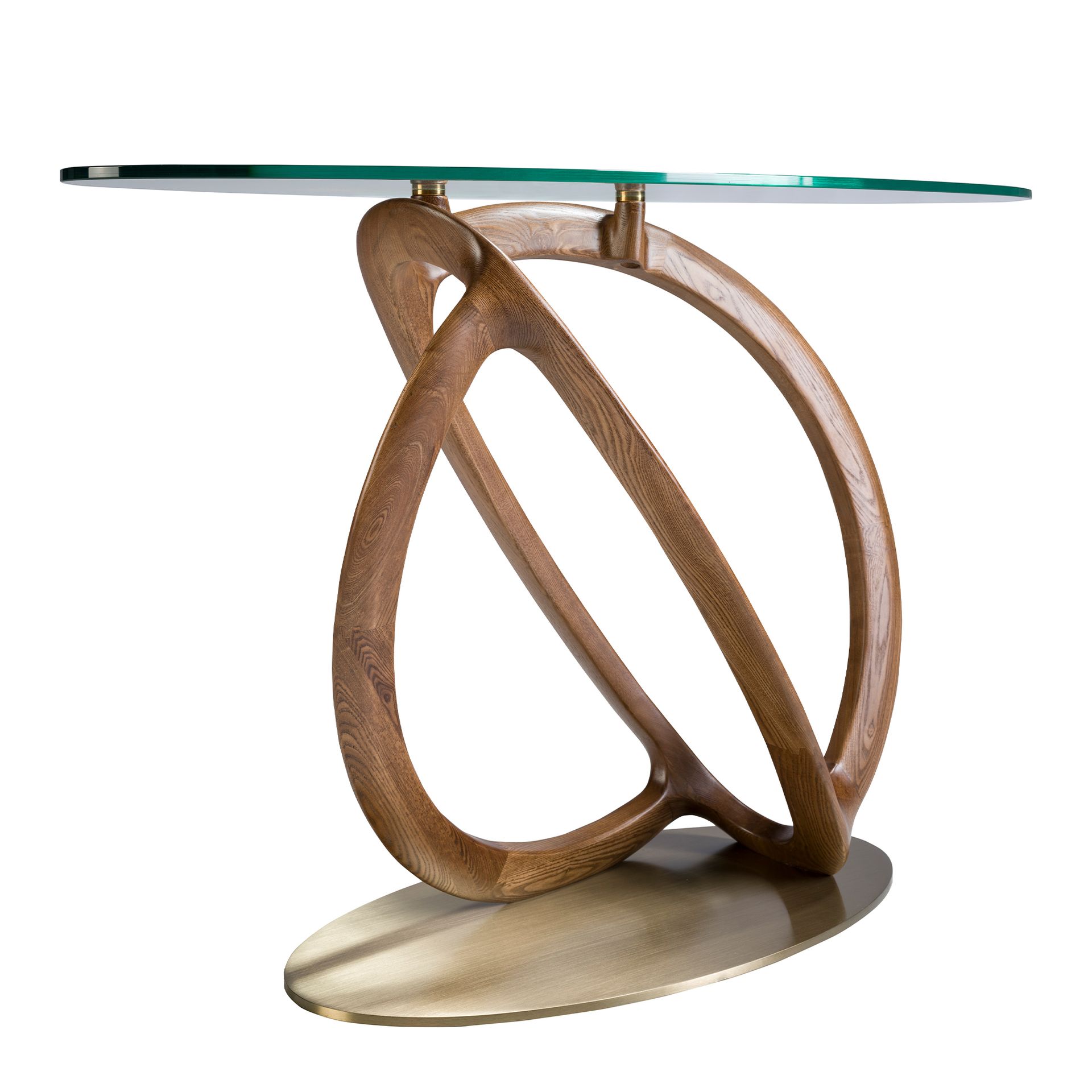 Oval console oval tempered glass, walnut and golden polished steel