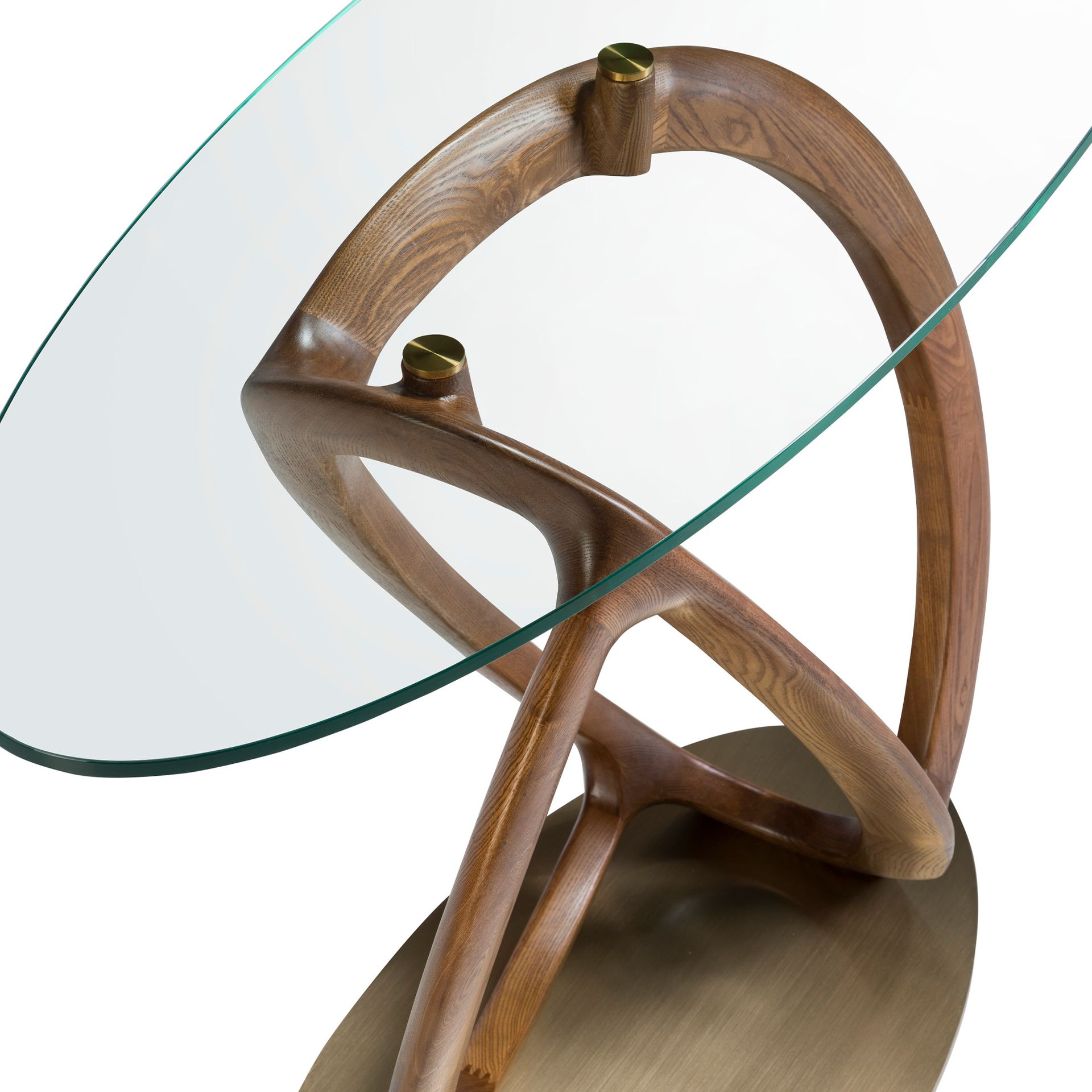 Oval console oval tempered glass, walnut and golden polished steel