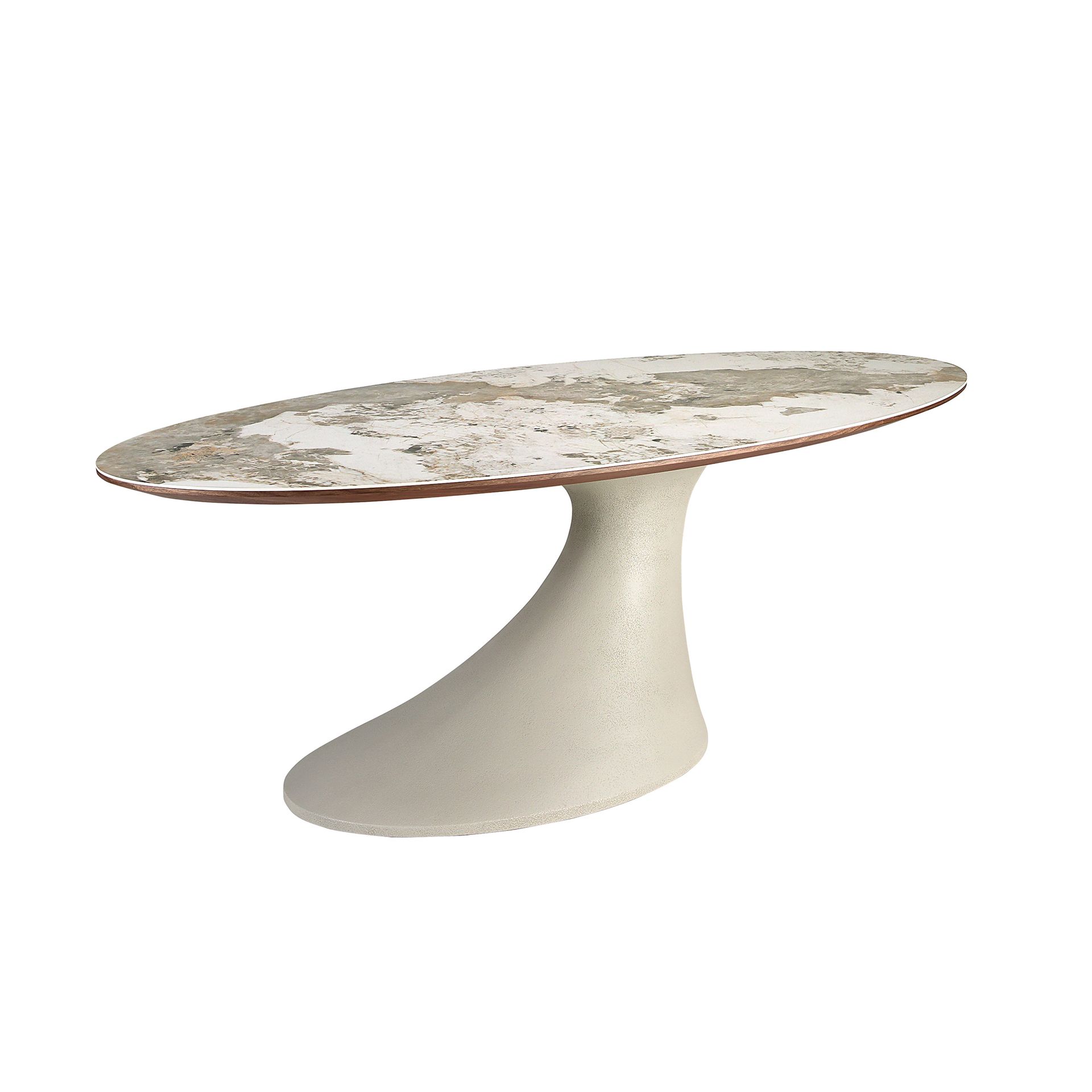 Oval dining table in porcelain marble and sand-coloured epoxy fiberglass