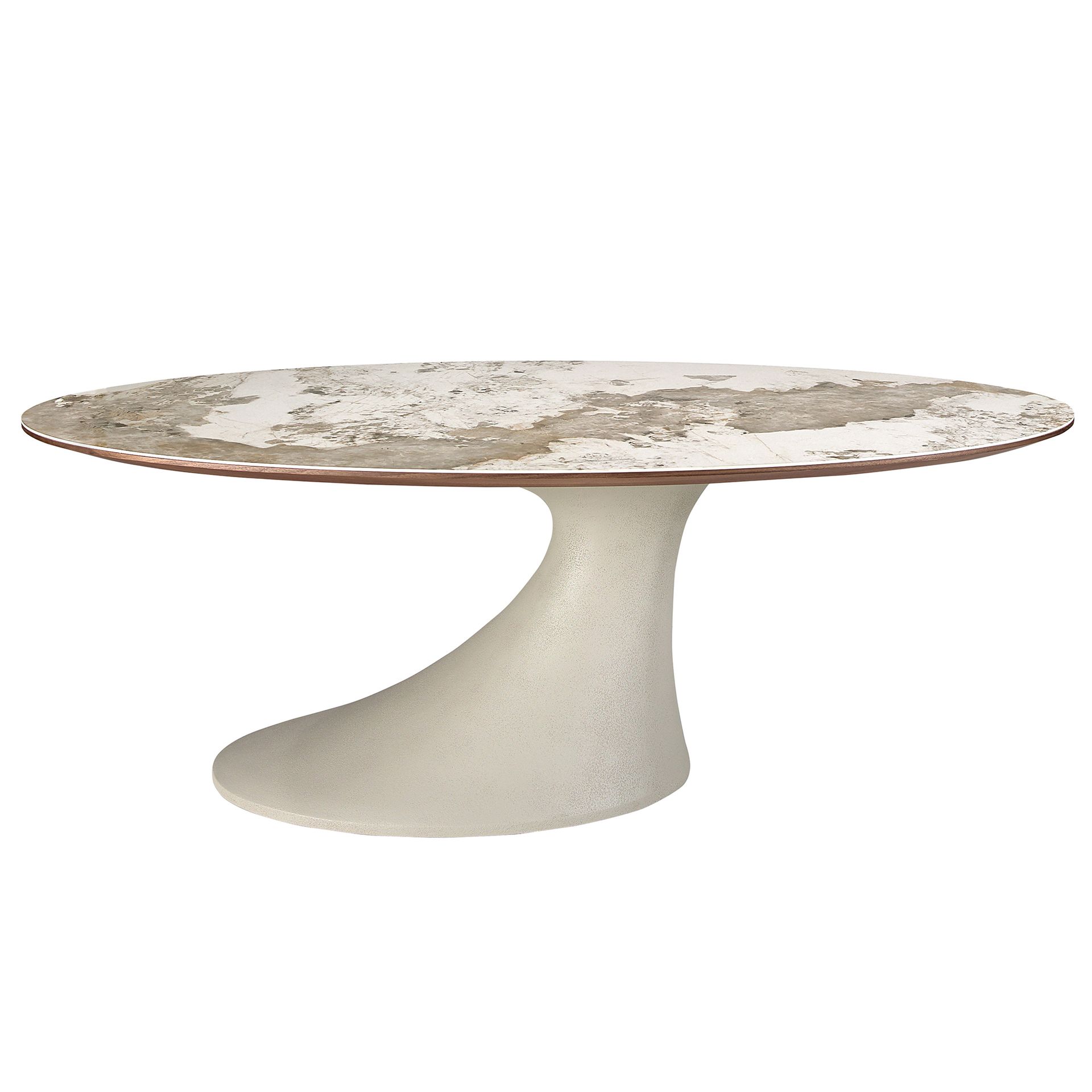 Oval dining table in porcelain marble and sand-coloured epoxy fiberglass