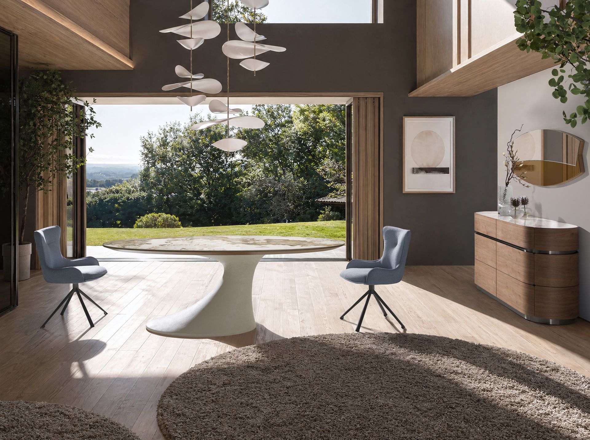 Oval dining table in porcelain marble and sand-coloured epoxy fiberglass