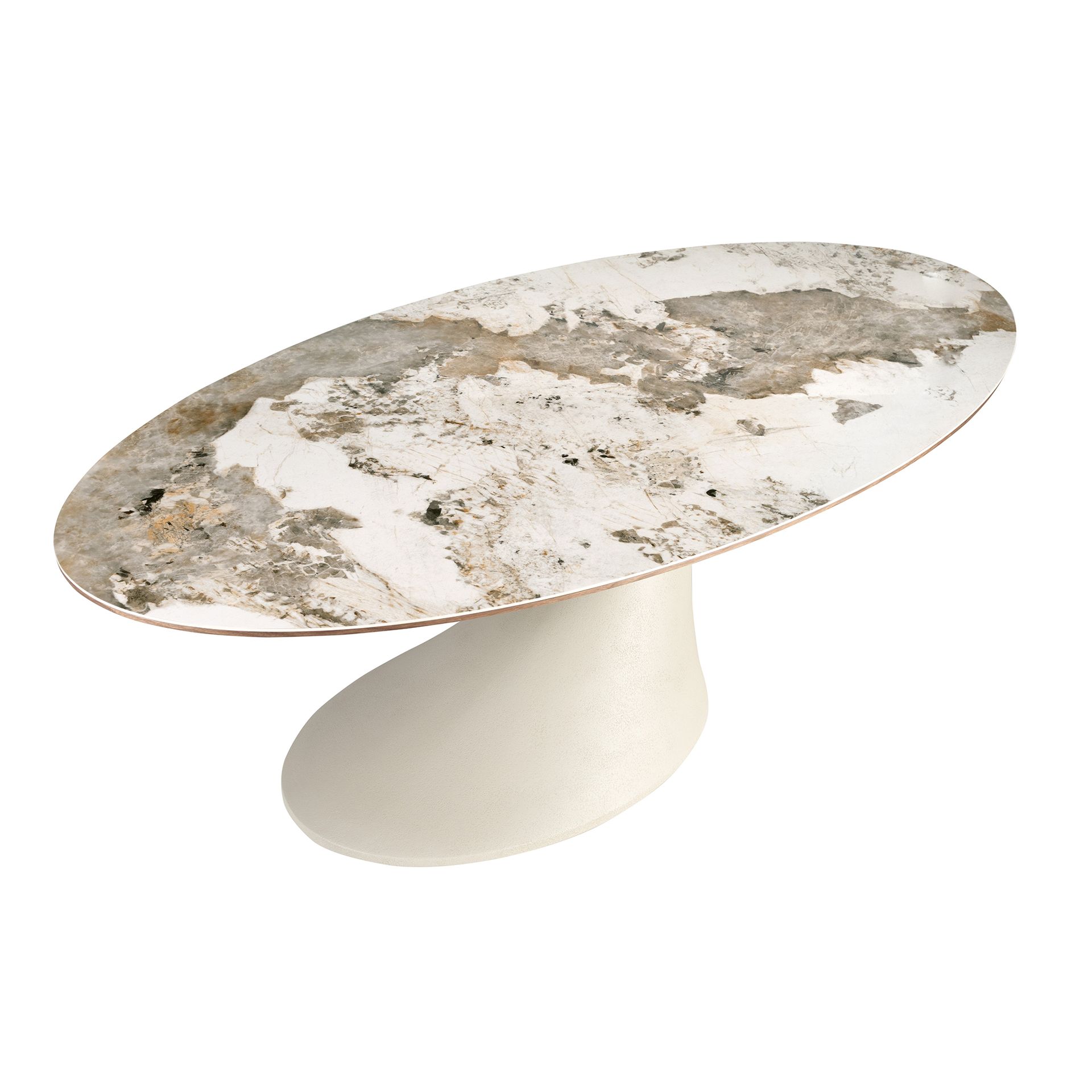 Oval dining table in porcelain marble and sand-coloured epoxy fiberglass