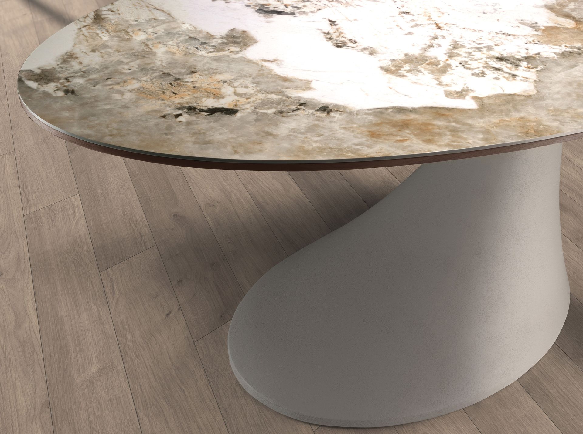 Oval dining table in porcelain marble and sand-coloured epoxy fiberglass