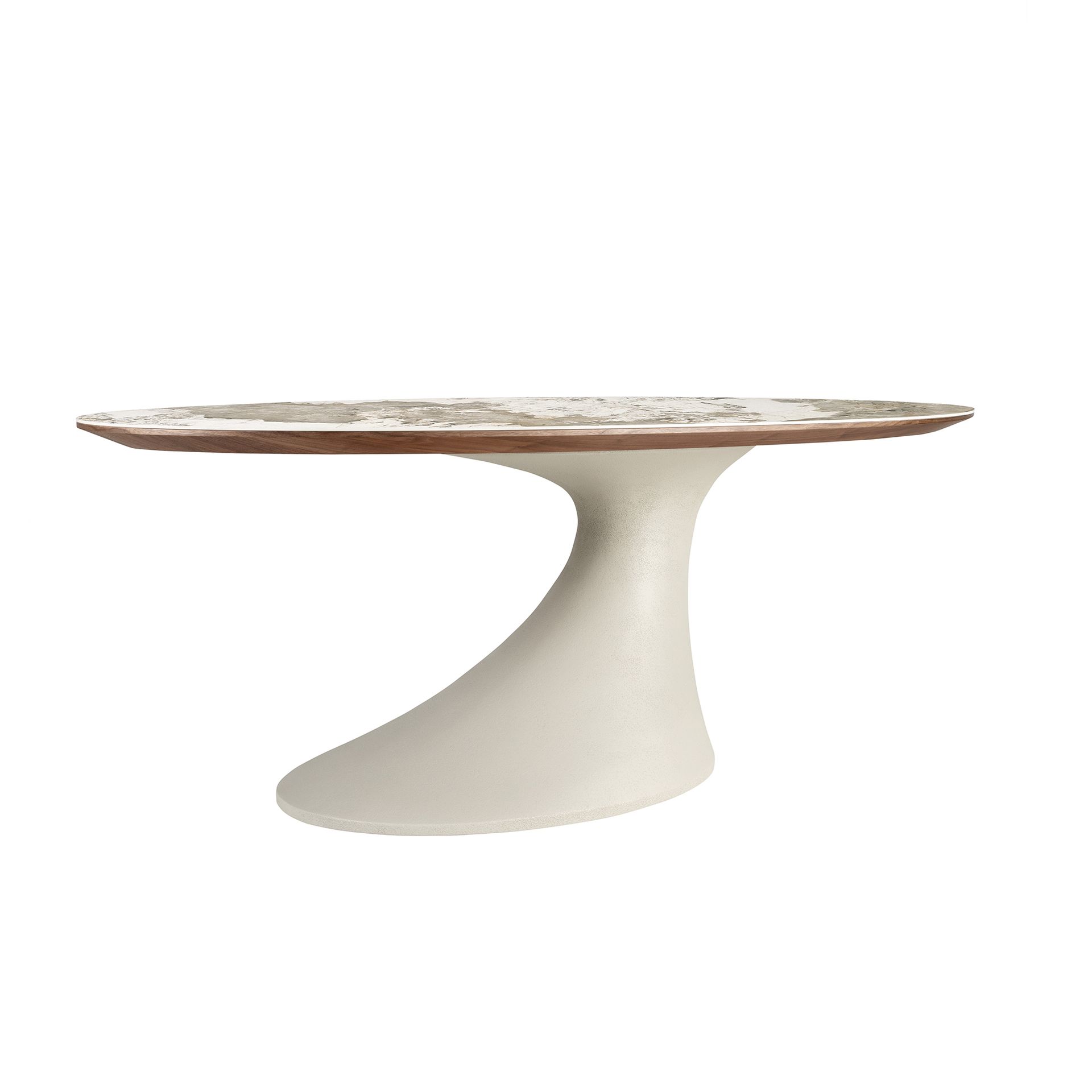 Oval dining table in porcelain marble and sand-coloured epoxy fiberglass