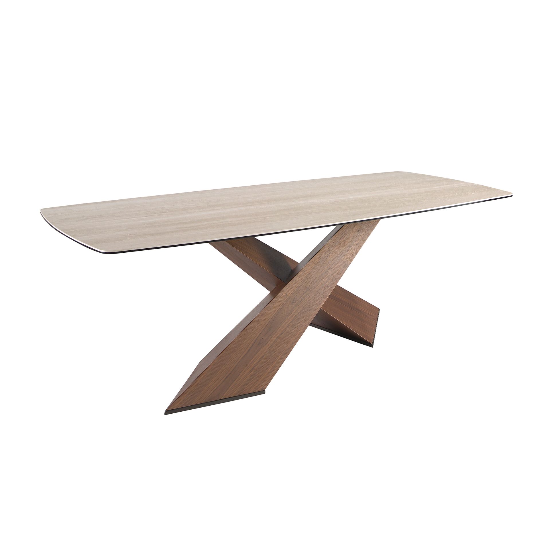 Oval dining table with barrel-shaped porcelain marble and walnut top
