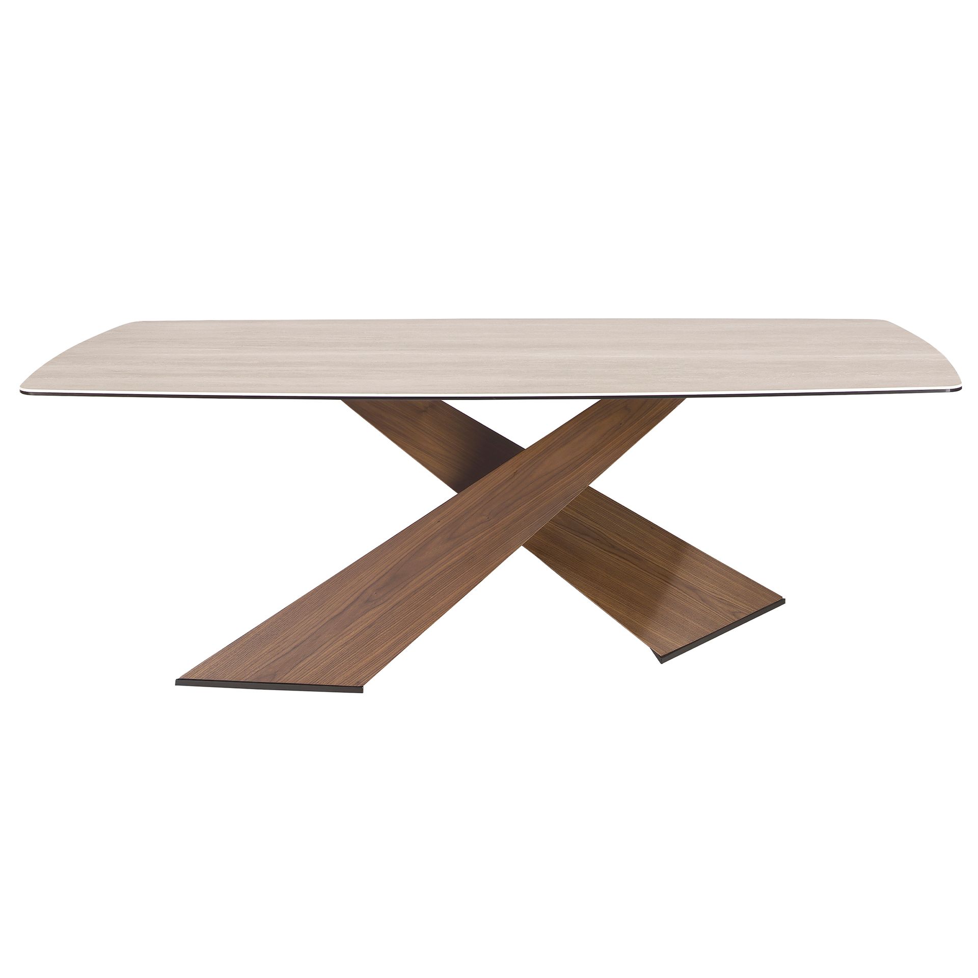 Oval dining table with barrel-shaped porcelain marble and walnut top