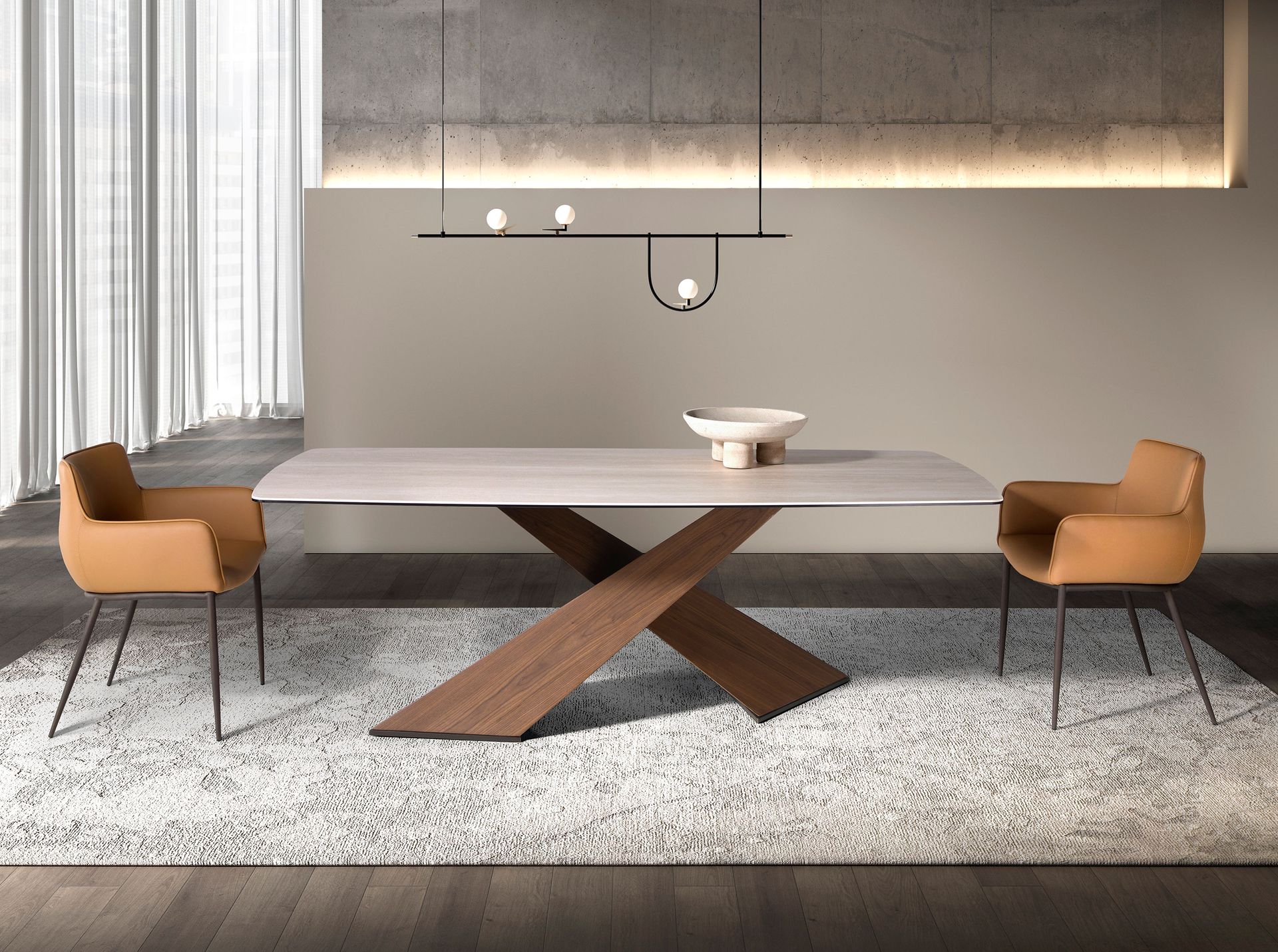 Oval dining table with barrel-shaped porcelain marble and walnut top