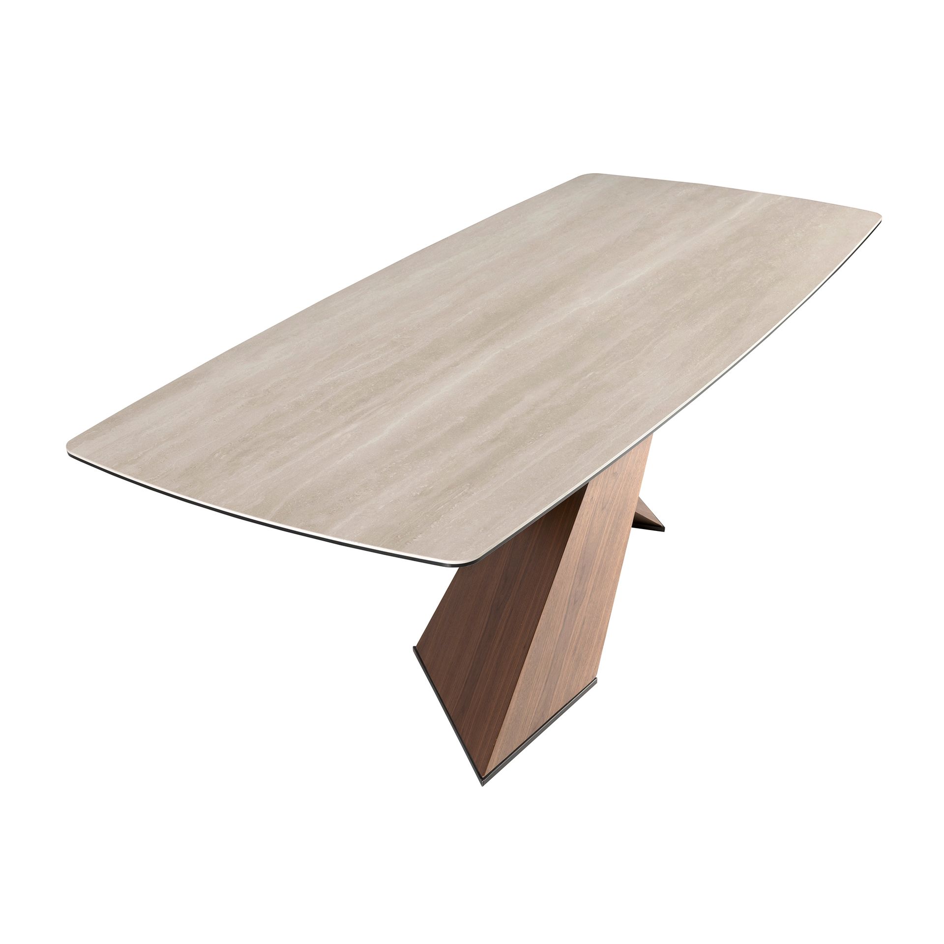 Oval dining table with barrel-shaped porcelain marble and walnut top