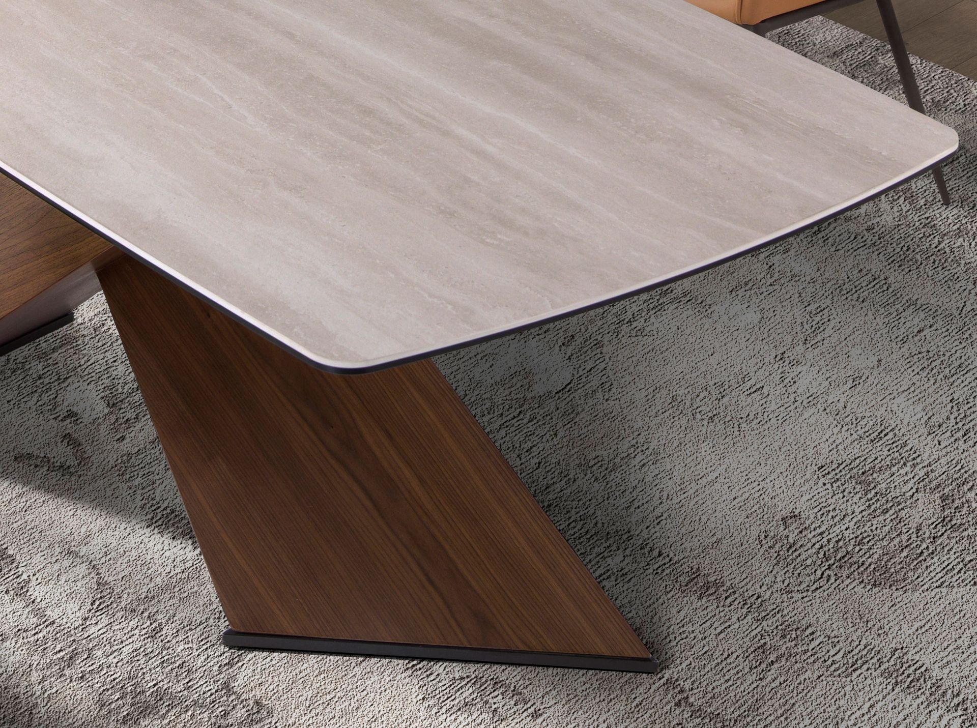 Oval dining table with barrel-shaped porcelain marble and walnut top