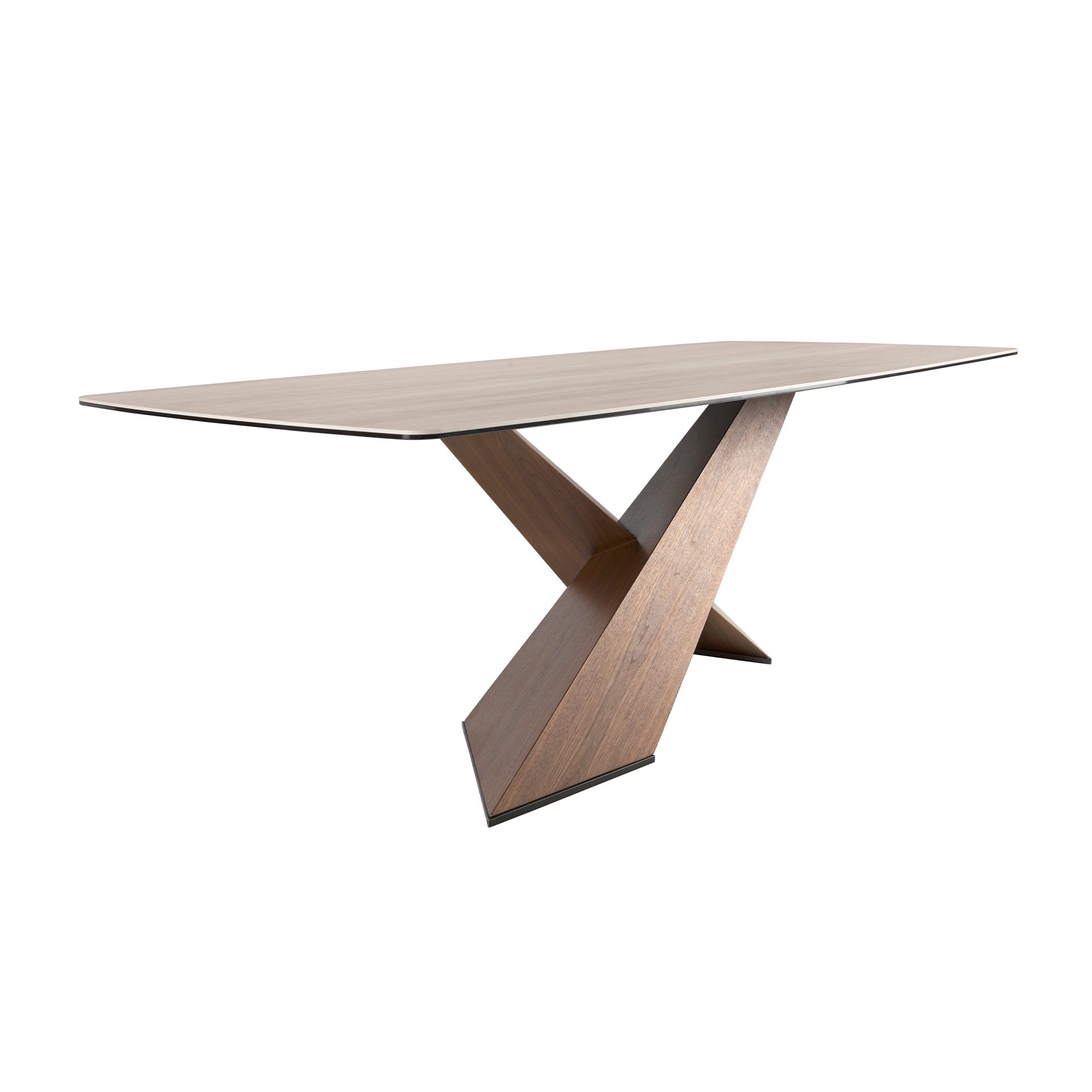 Oval dining table with barrel-shaped porcelain marble and walnut top