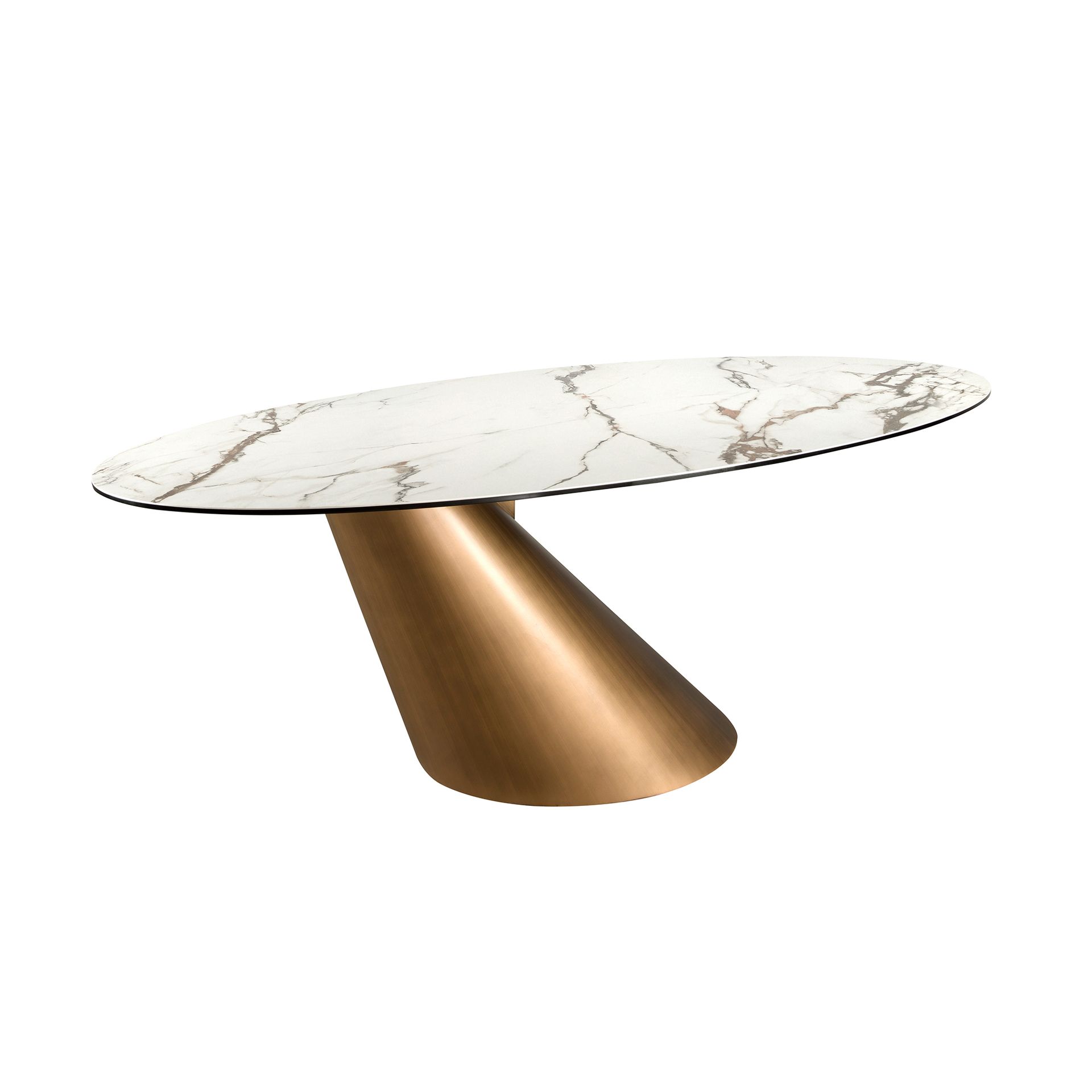 Oval dining table with porcelain marble and bronze-coloured steel barrel