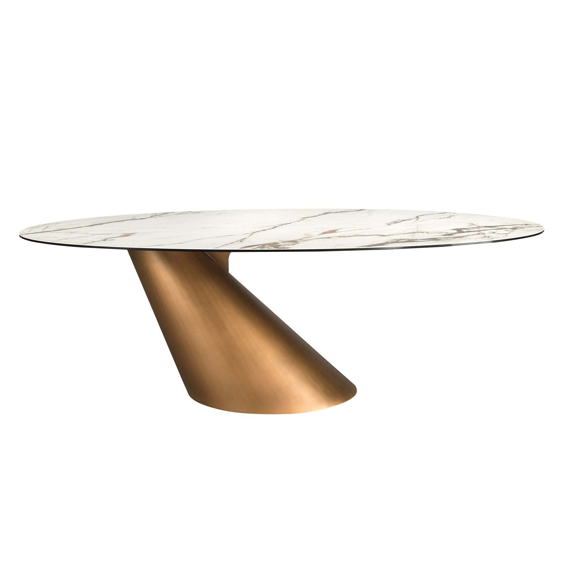 Oval dining table with porcelain marble and bronze-coloured steel barrel