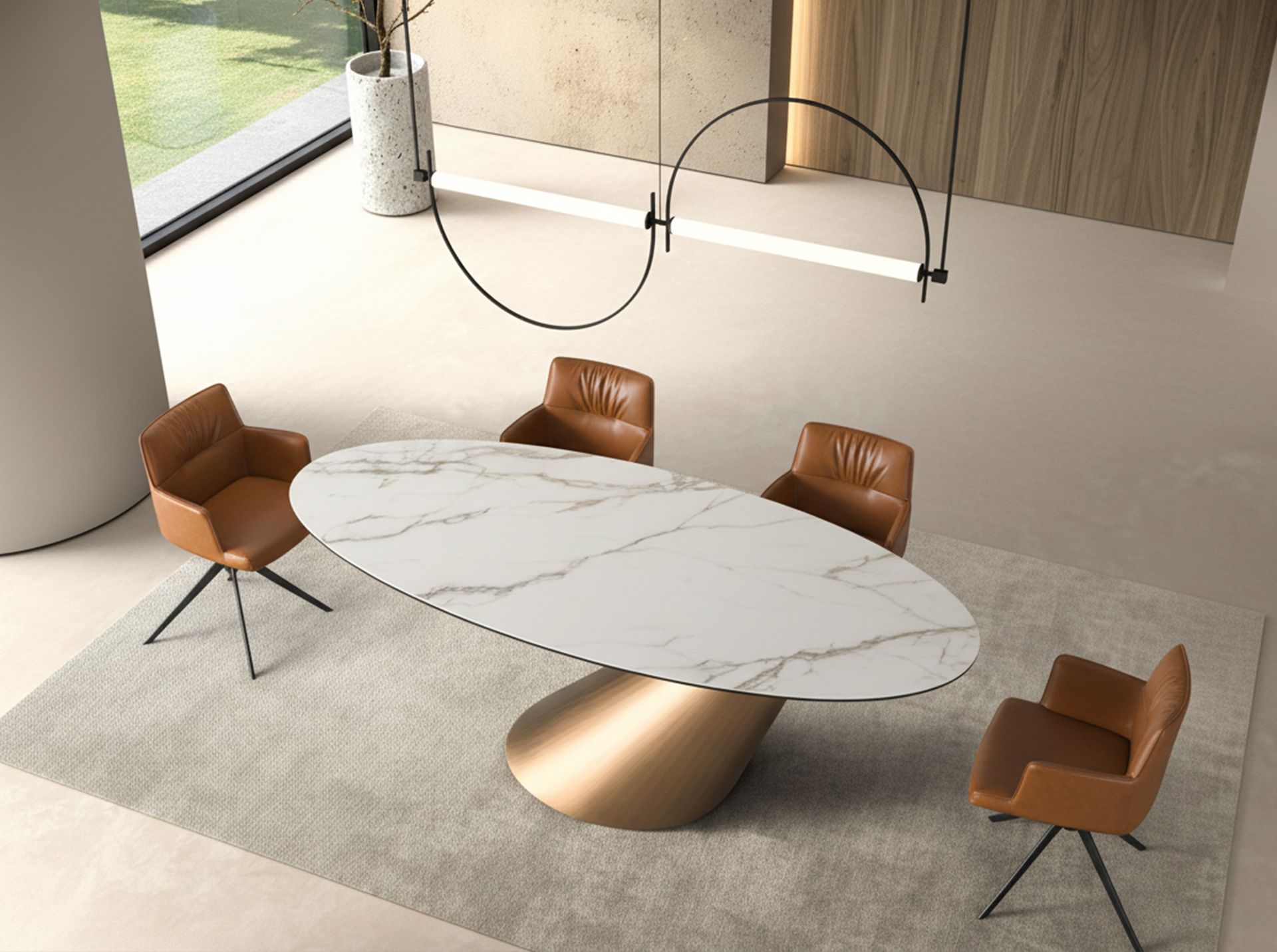 Oval dining table with porcelain marble and bronze-coloured steel barrel