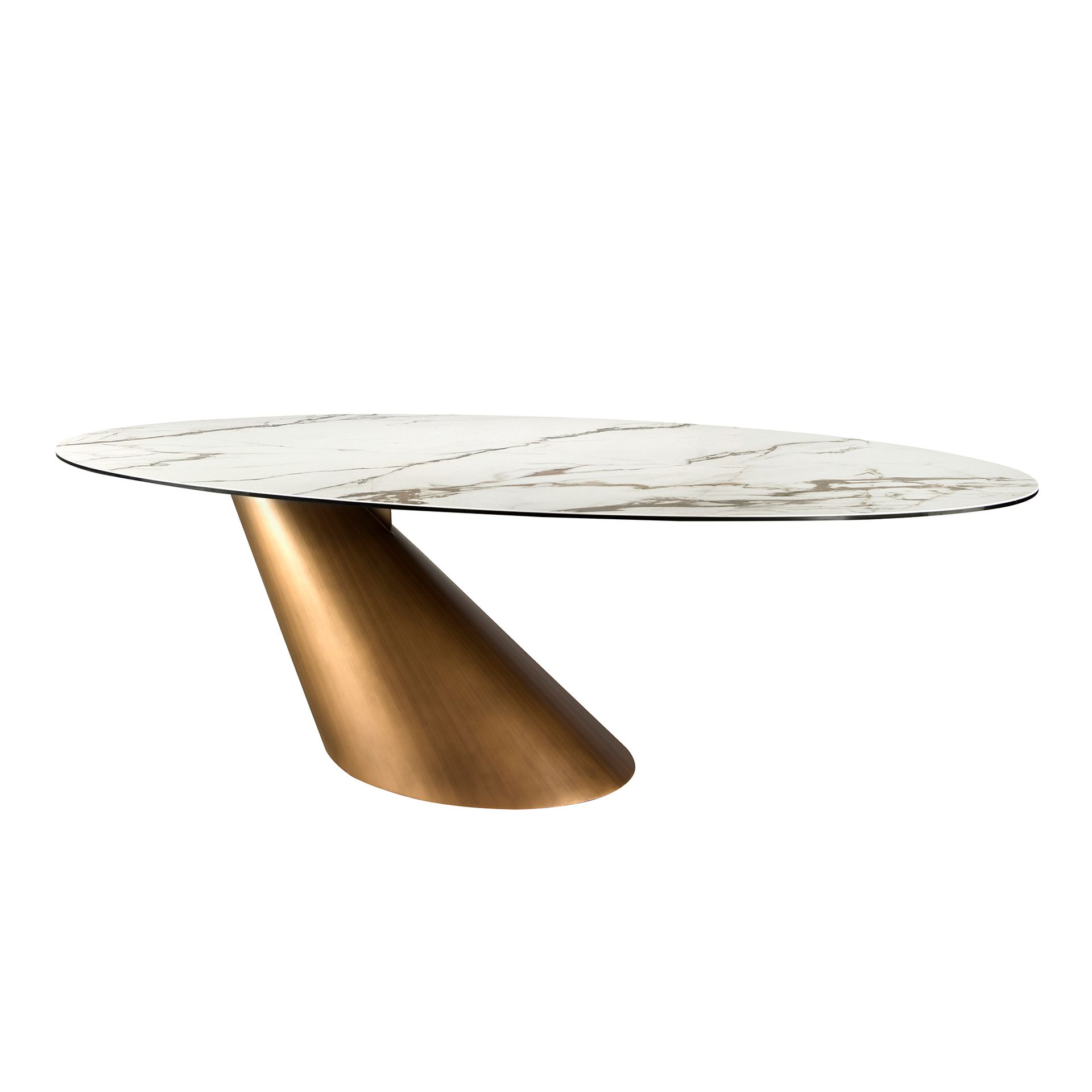 Oval dining table with porcelain marble and bronze-coloured steel barrel