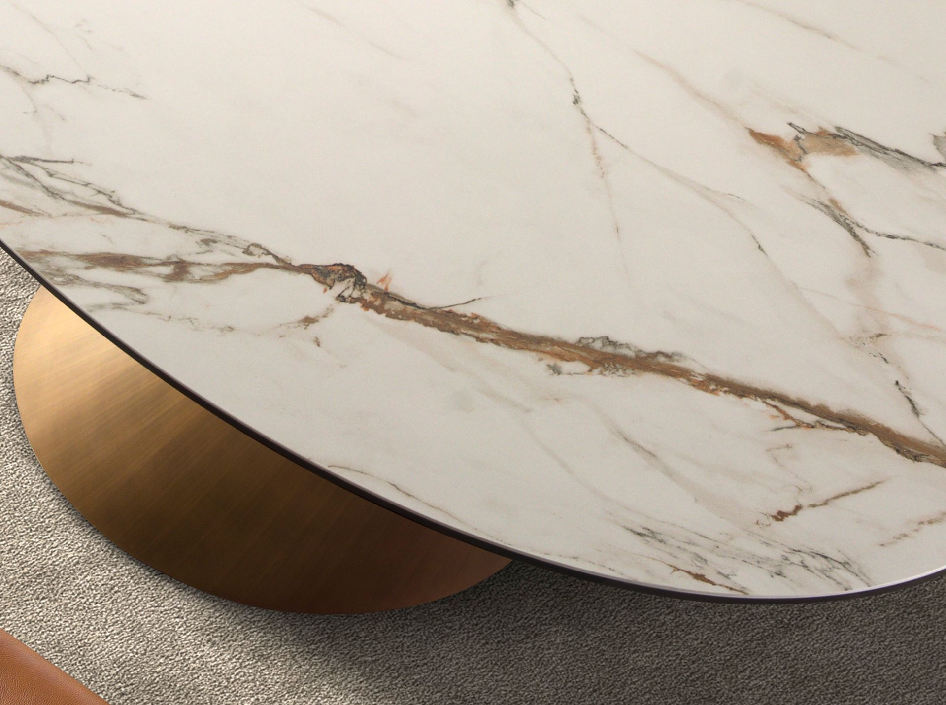 Oval dining table with porcelain marble and bronze-coloured steel barrel