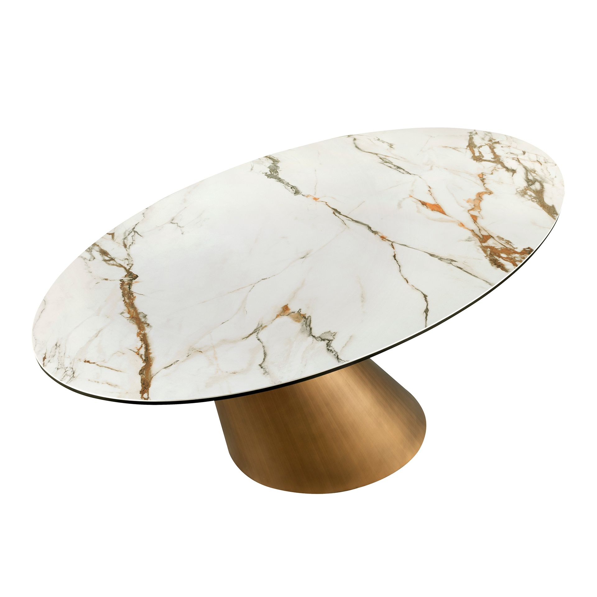 Oval dining table with porcelain marble and bronze-coloured steel barrel