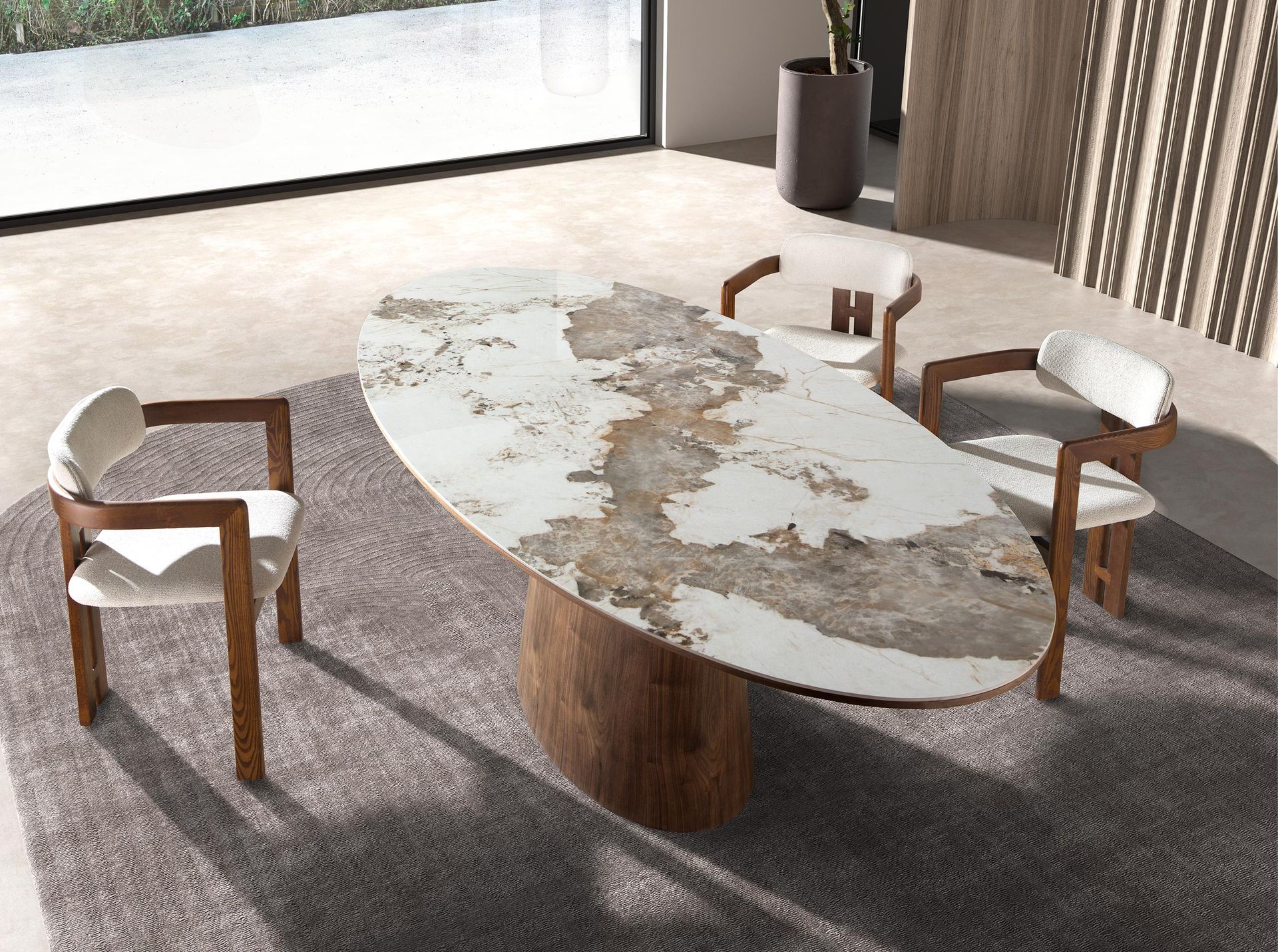 Oval dining table with porcelain marble and walnu