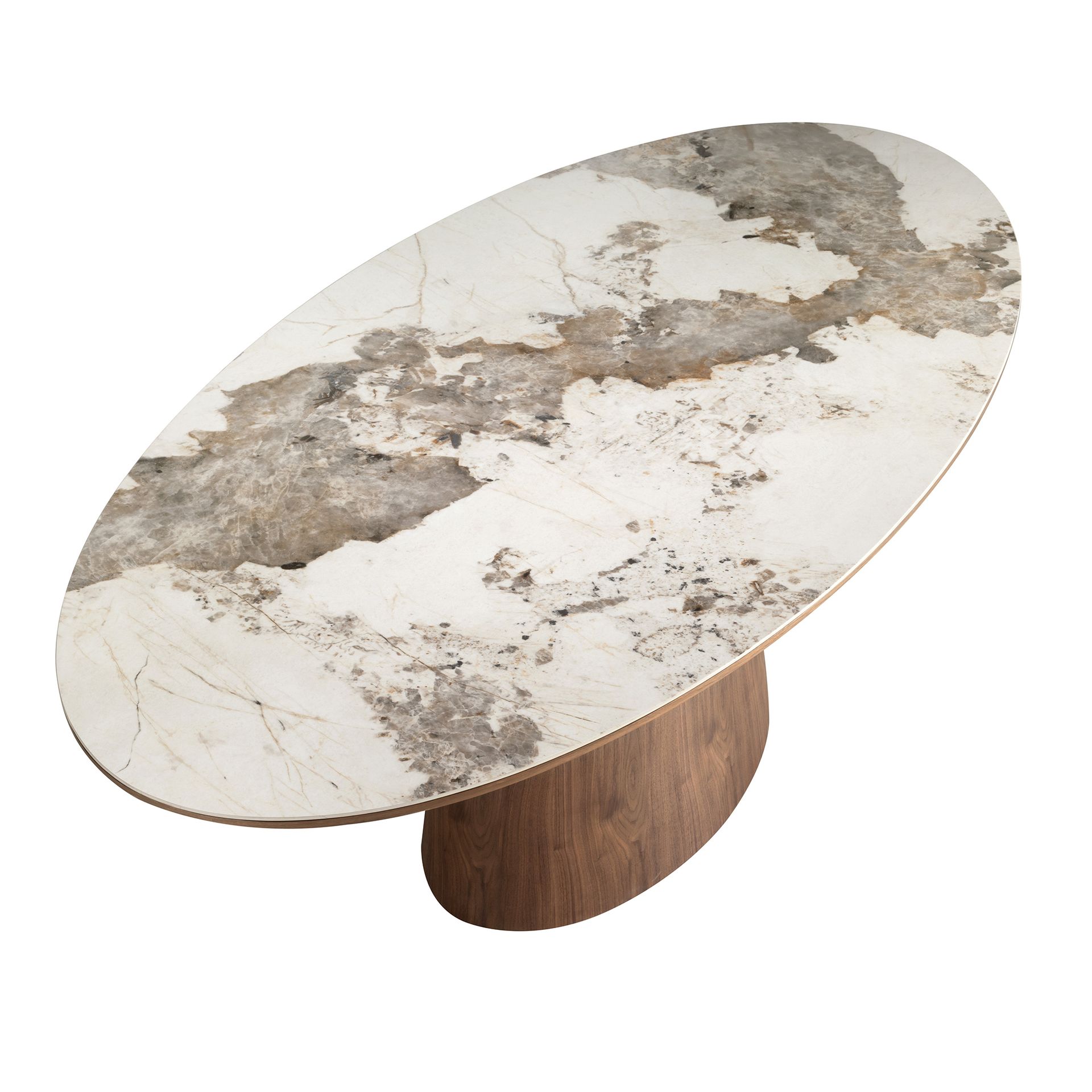 Oval dining table with porcelain marble and walnu