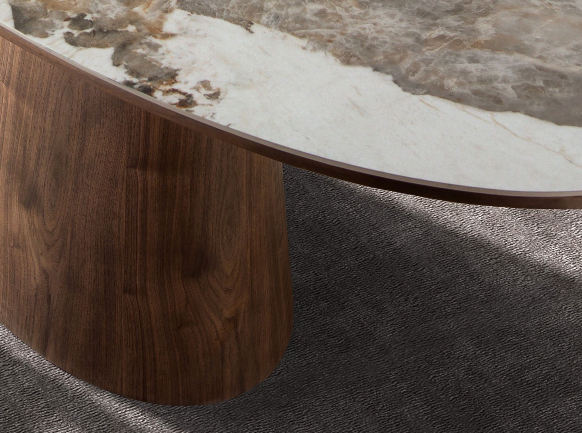 Oval dining table with porcelain marble and walnu