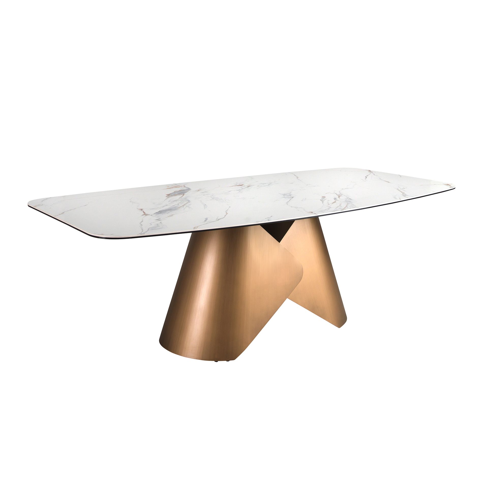 Oval dining table with porcelain marble barrel and bronze-coloured steel barrel