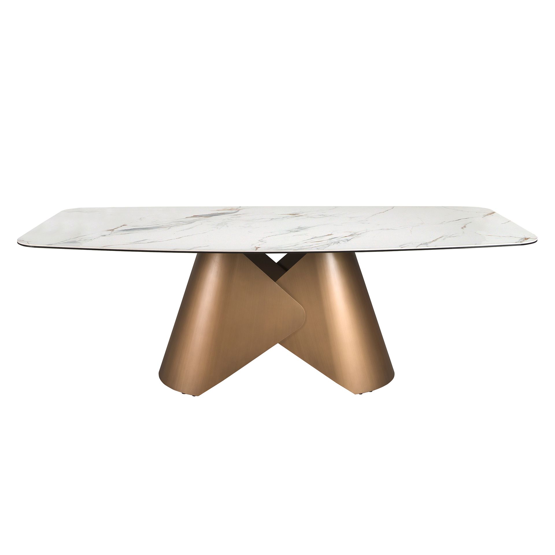 Oval dining table with porcelain marble barrel and bronze-coloured steel barrel